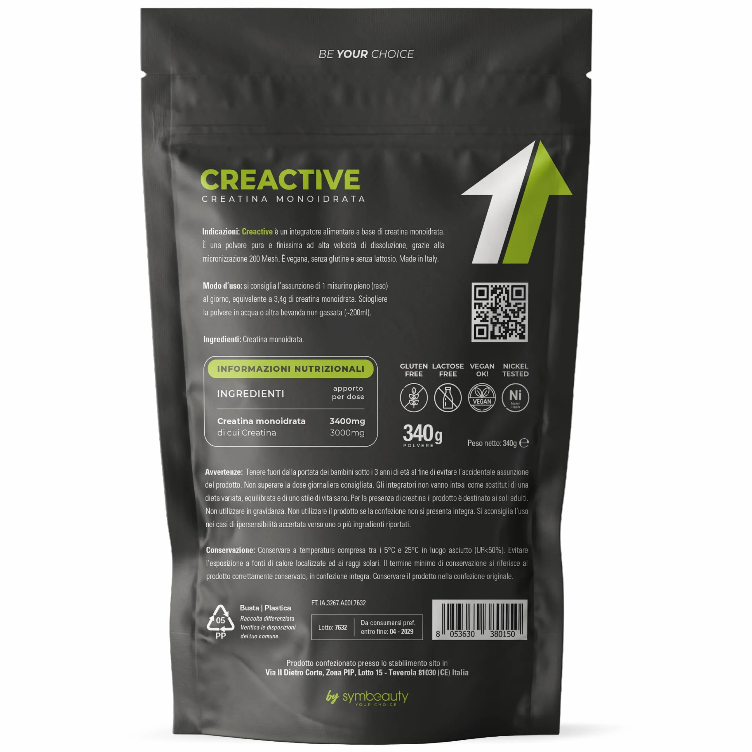 Symbeauty Creatina Monoidrata 100 dosi 340g Polvere Rapido Scioglimento Pre Workout Pura Micronizzata