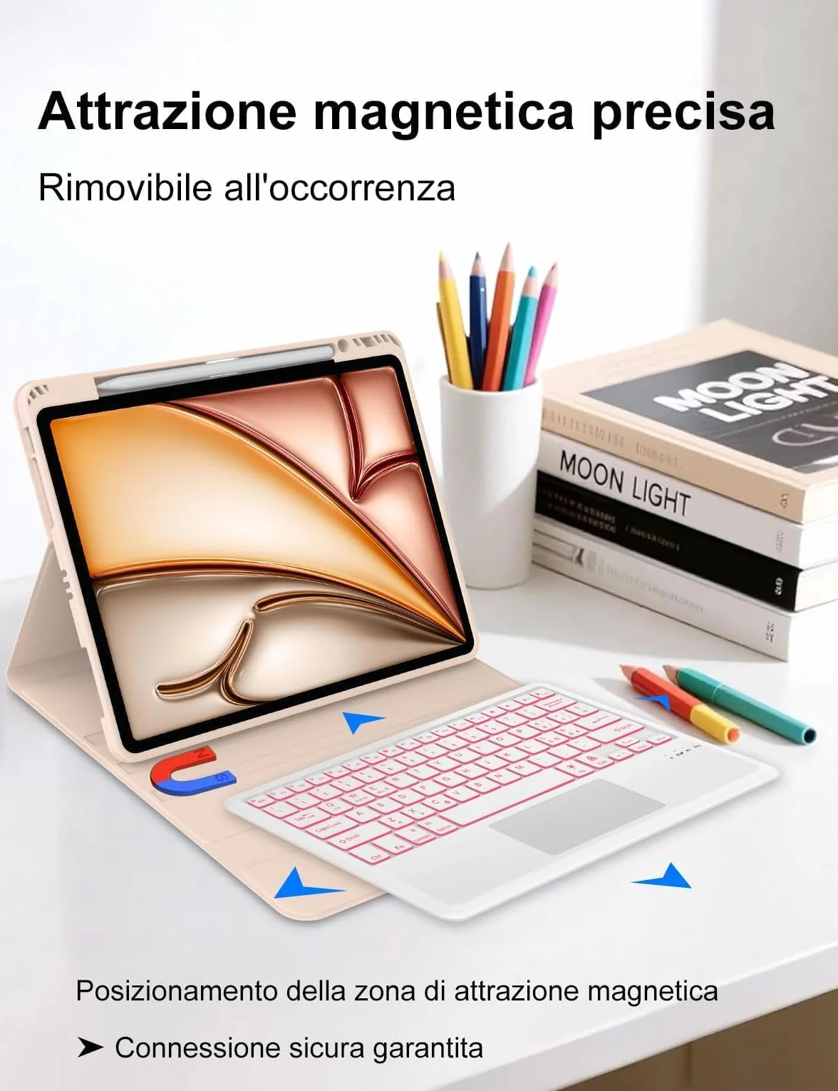 Custodia Tastiera con Retroilluminazione 7 Colori e Touchpad per iPad Air 13 Pollici (M4/M3/M2), Italiana, Bluetooth, Porta Penna - Compatibile con Air 13" 6a/7a/8a Gen, Rosa
