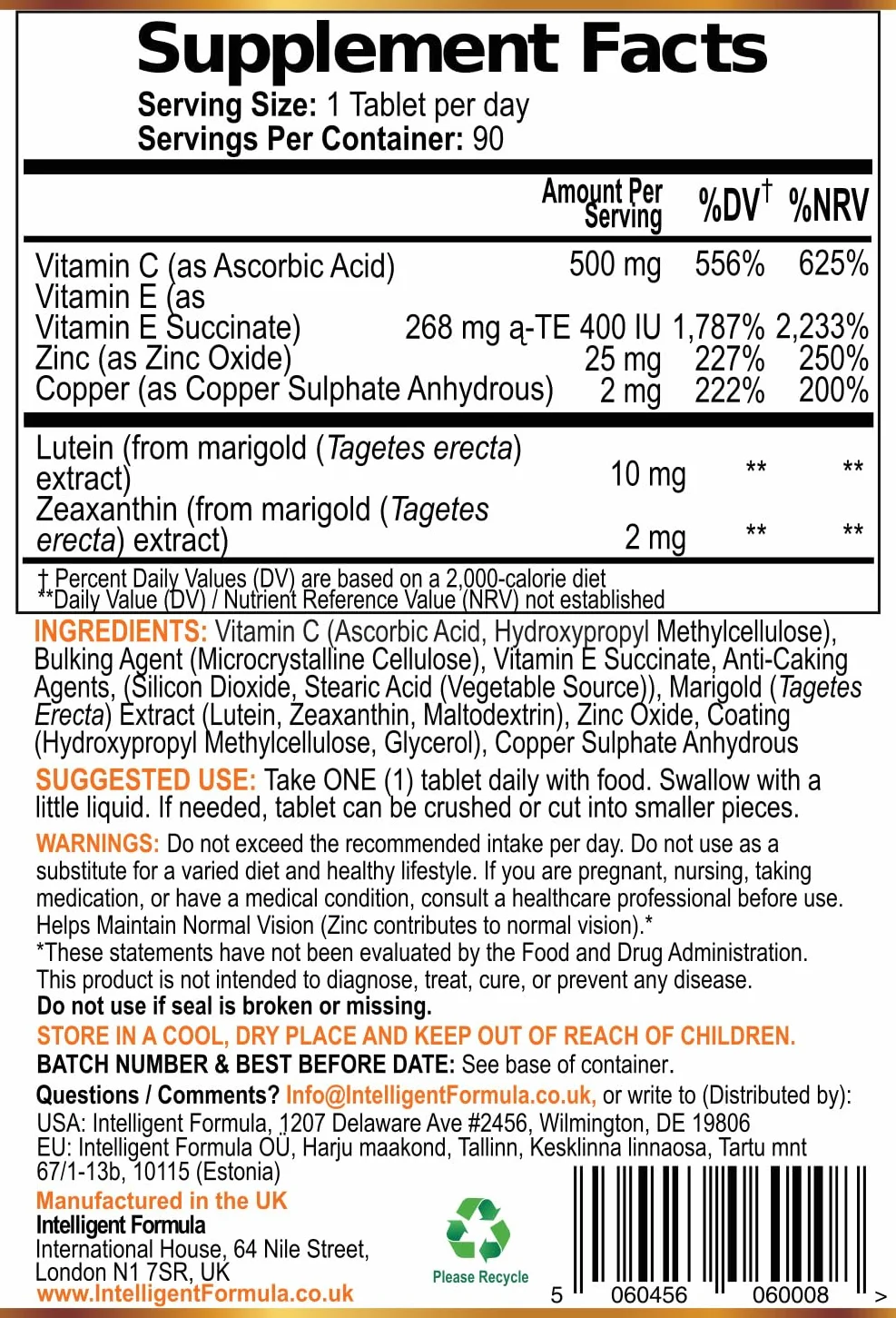 Vision Defender AMD AREDS2 Formula with Lutein Zeaxanthin Vitamins C E Zinc 25 mg Copper 90 Vegan Tablets
