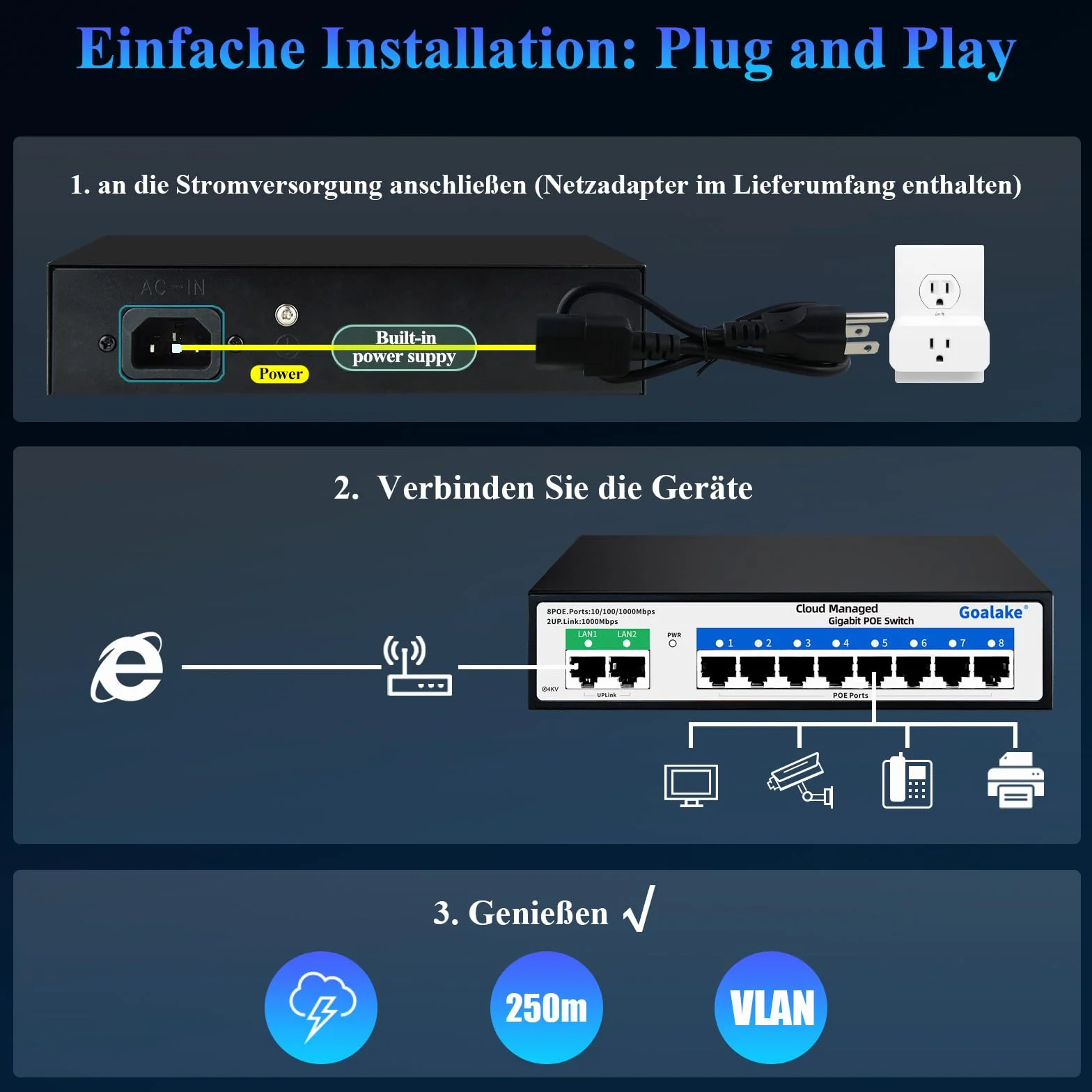 Goalake Gigabit Switch Poe a 8 Porte, Switch Ethernet Gestito Cloud, Switch PoE+ a 10 Porte da 120W, 802.3af/at, APP Easy Smart Managed, Cloud Detection, Vlan, Riavvio cloud, Cloud Ultra-remoto