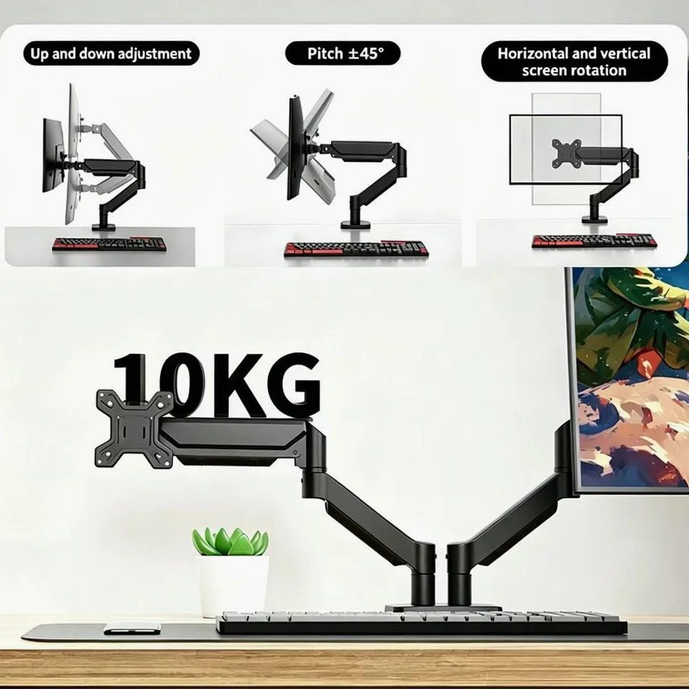 Supporto Per Doppio Monitor, Braccio Ergonomico Da Scrivania Per Monitor Da 17 A 32 Pollici – Portata Fino A 10 Kg (22 Lbs) – Regolabile In Altezza, Girevole, Inclinabile E Ruotabile Black
