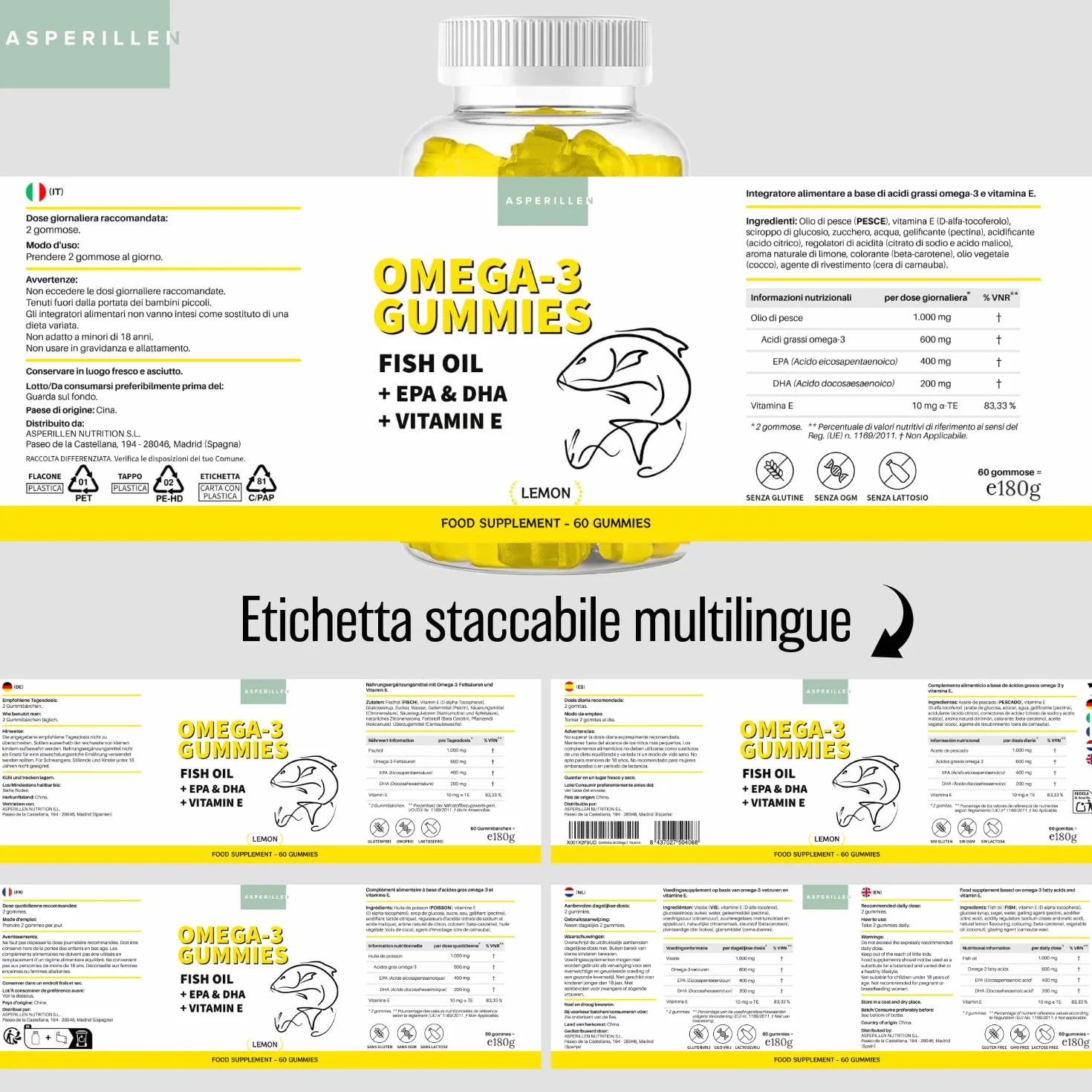 Omega 3 Gummies Olio di Pesce con Vitamina E - Alto Dosaggio EPA 400mg DHA 200mg - 60 Unità Gusto Limone