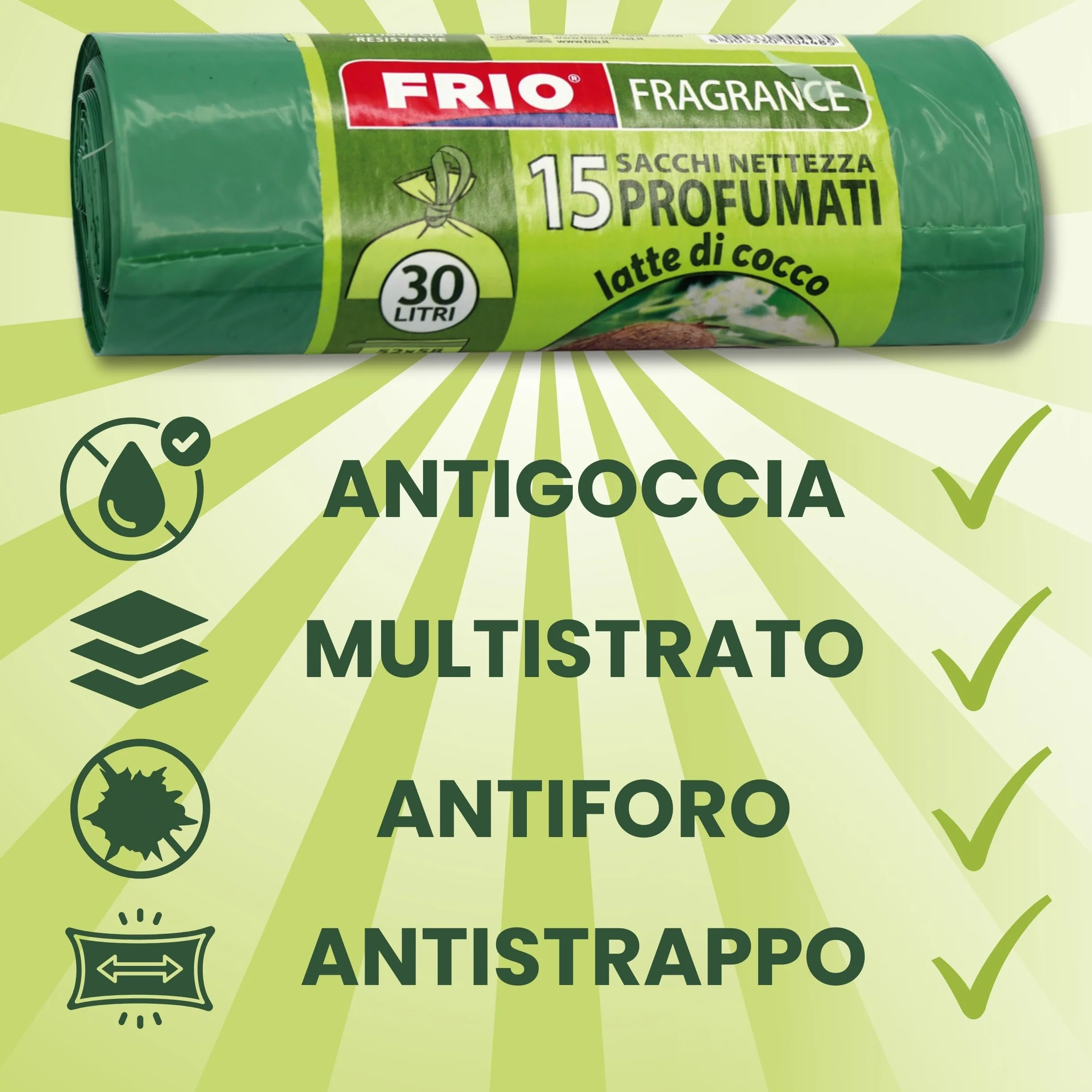 FRIO Sacchetti per la Spazzatura 30 Litri 52x58cm Verde Extra Resistenti