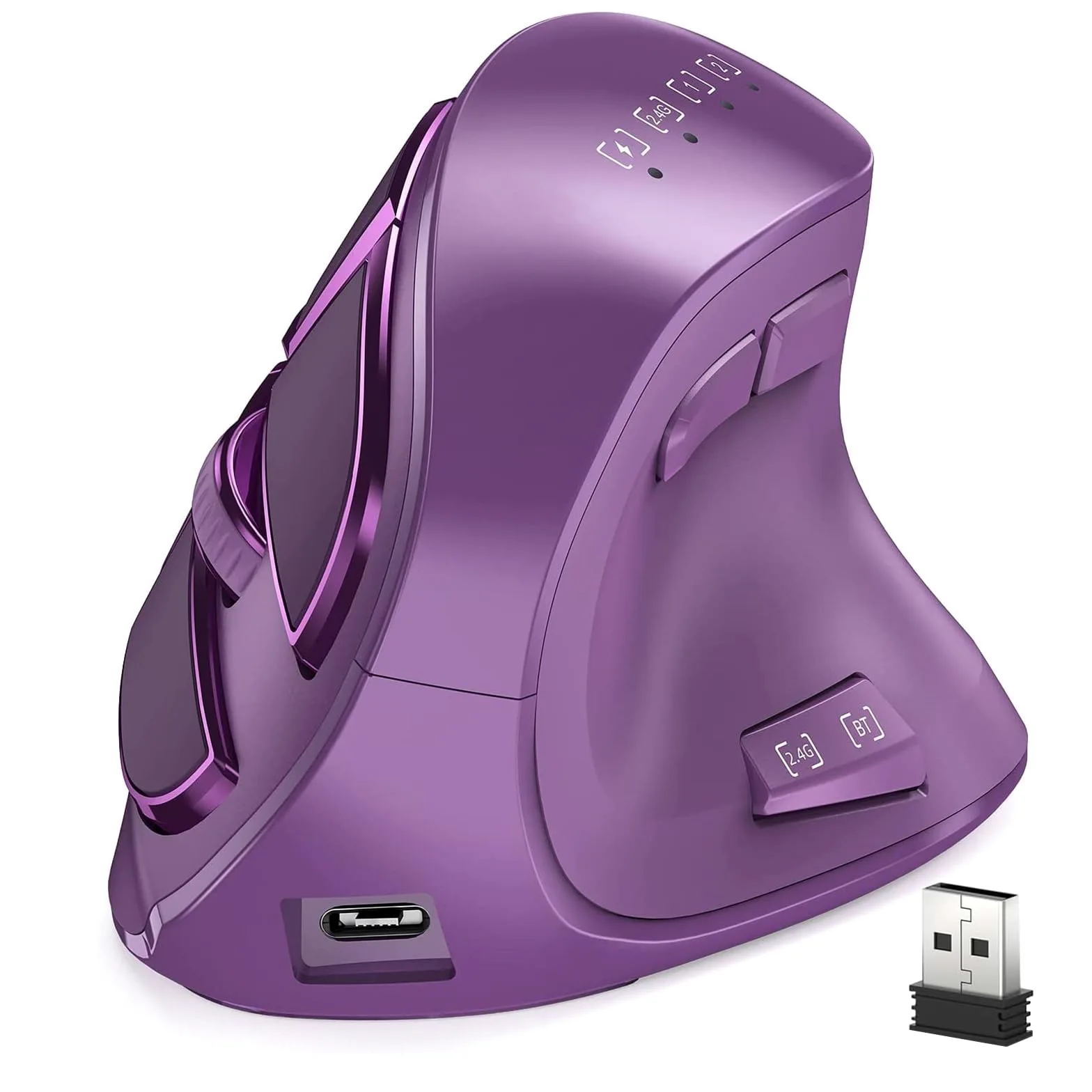 Mouse Verticale Wireless Ergonomico Mouse Verticale (BT 5.0 + Bluetooth 3.0 + Connessione USB) con 9 Pulsanti, Mouse Verticale Ricaricabile per Computer (Viola)