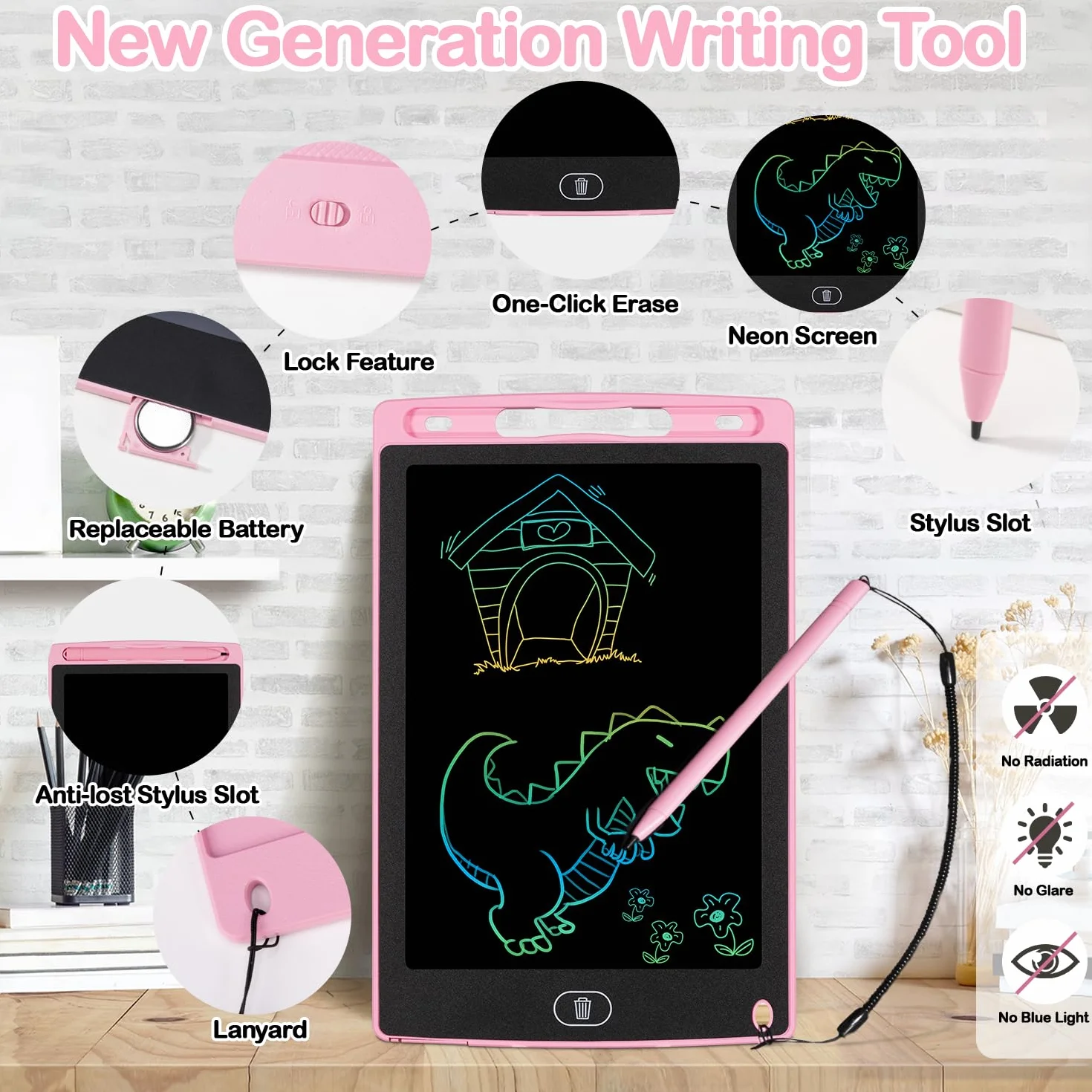 Tavoletta Grafica LCD 8,5 Pollici Cancellabile per Bambini 2-8 Anni, 2 Pezzi Rosa - Lavagna Magnetica Colorata