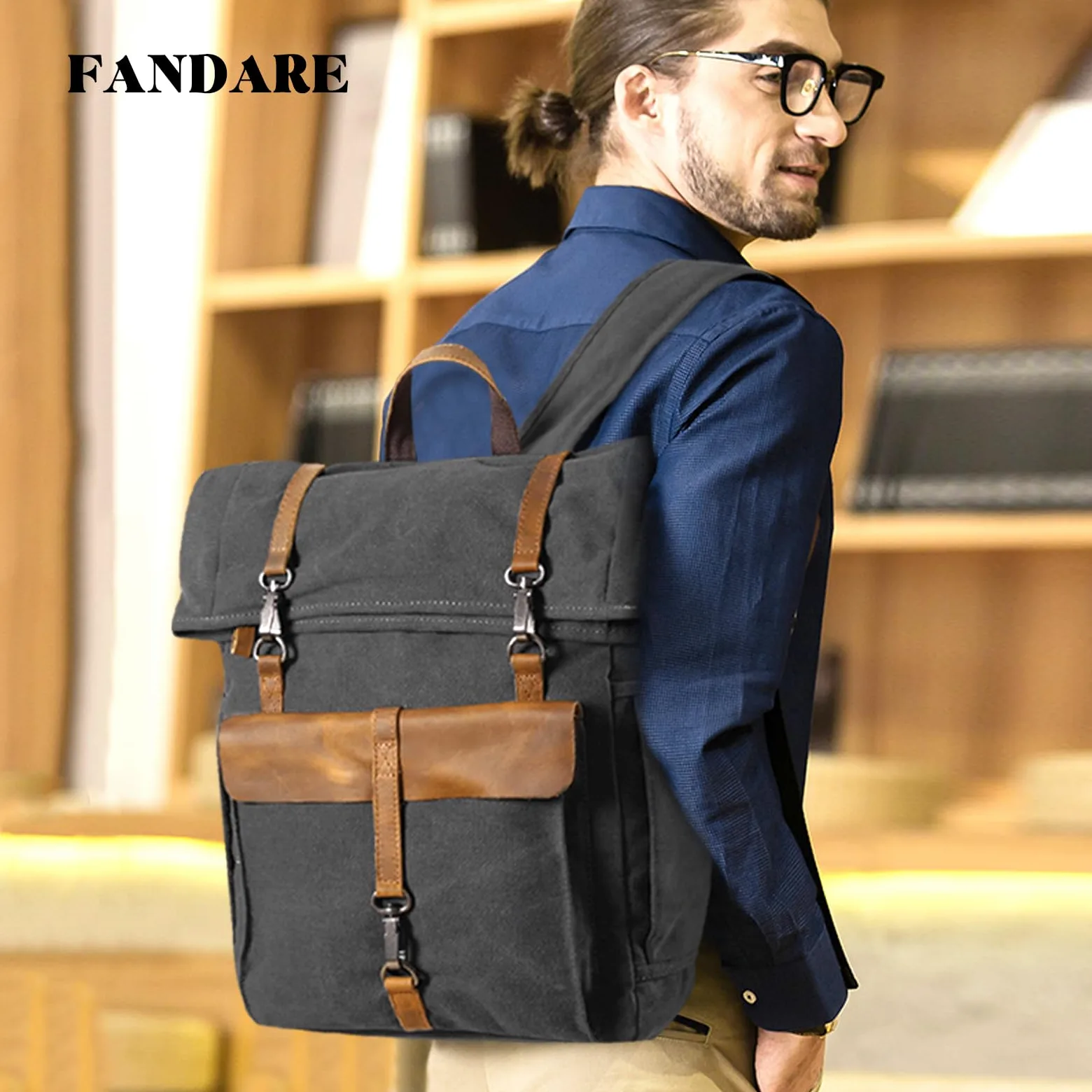 FANDARE Retrò Zaino Rolltop Zainetta Tela Zaino Porta PC Zainetto Scuola Zaino per 15.6 Pollici PC Borsa per Uomo Donna Scuola Università Viaggio Lavoro Daypacks Nero