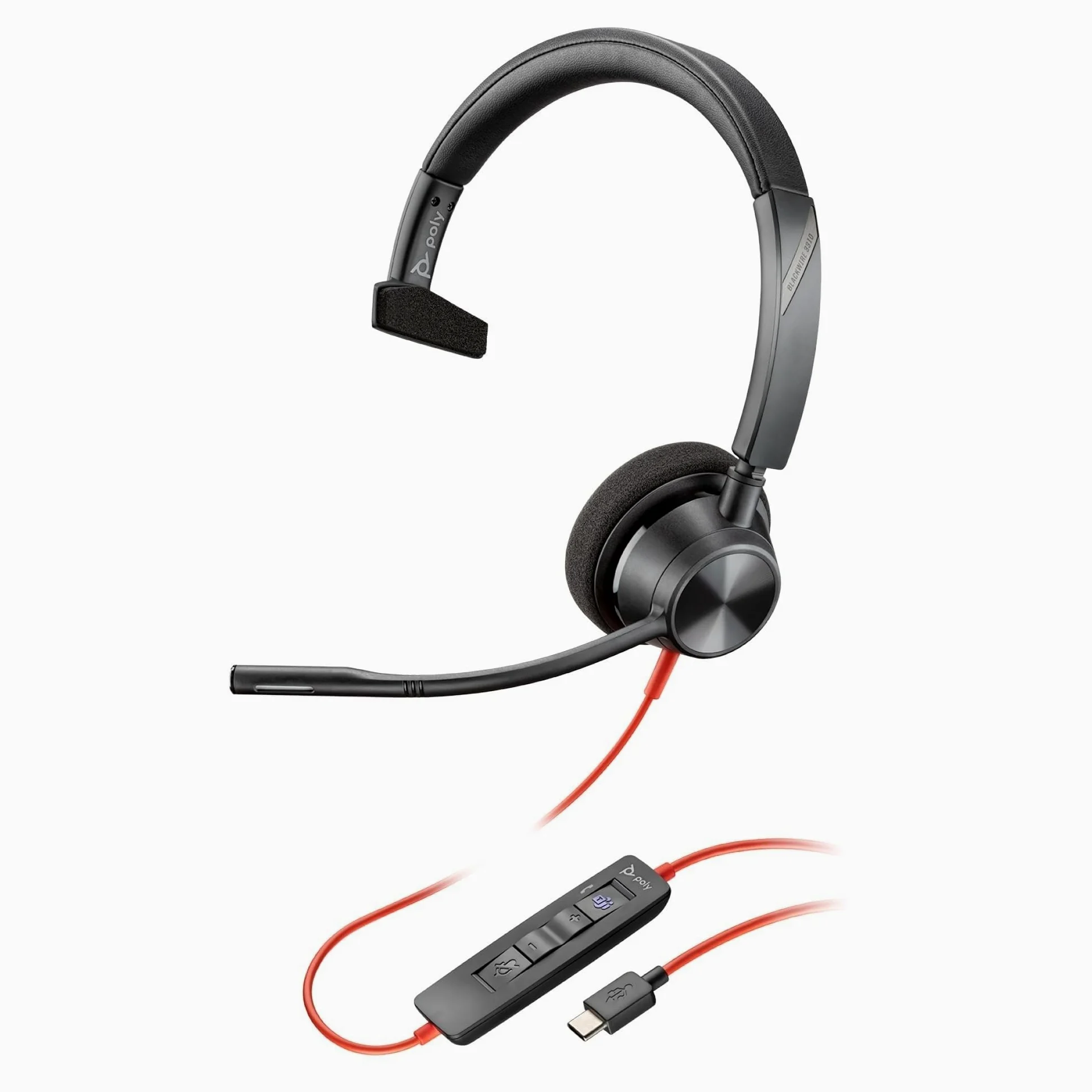 Poly Blackwire 3310, Cuffia Monoaurale Cablata con Connessione USB-A e USB-C, Cuscinetti in Similpelle, Riduzione del Rumore e dell'Eco, Comandi sul Cavo, Compatibile con Windows 10 e macOS, Nero