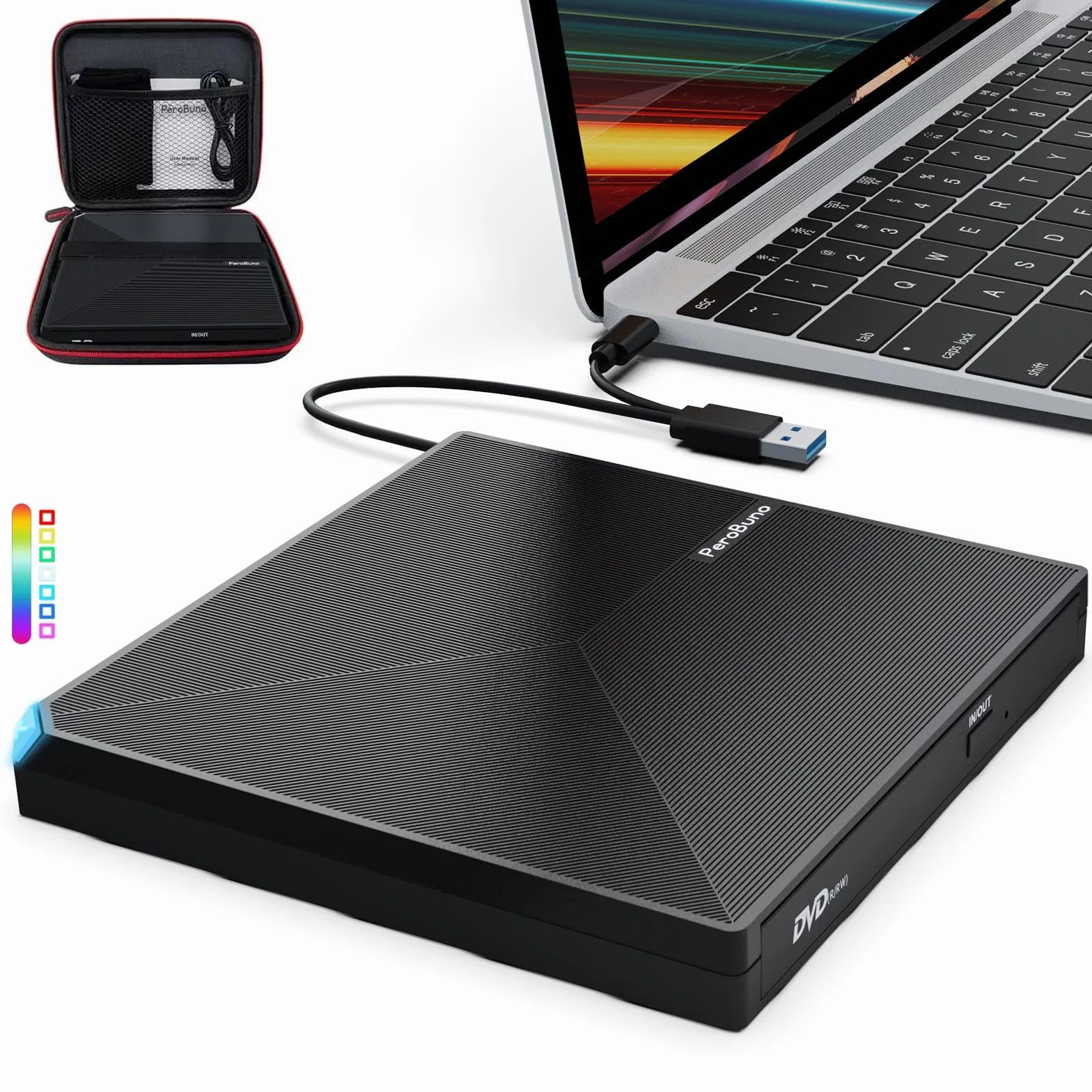 PeroBuno Unità CD DVD Esterne, USB 3.0 e Tipo C Masterizzatore CD Esterno, CD/DVD -/+RW Lettore CD DVD Esterno per PC Laptop Desktop iMac MacBook Pro/Air Windows 11/10/8/7/XP Linux Mac OS con Custodia
