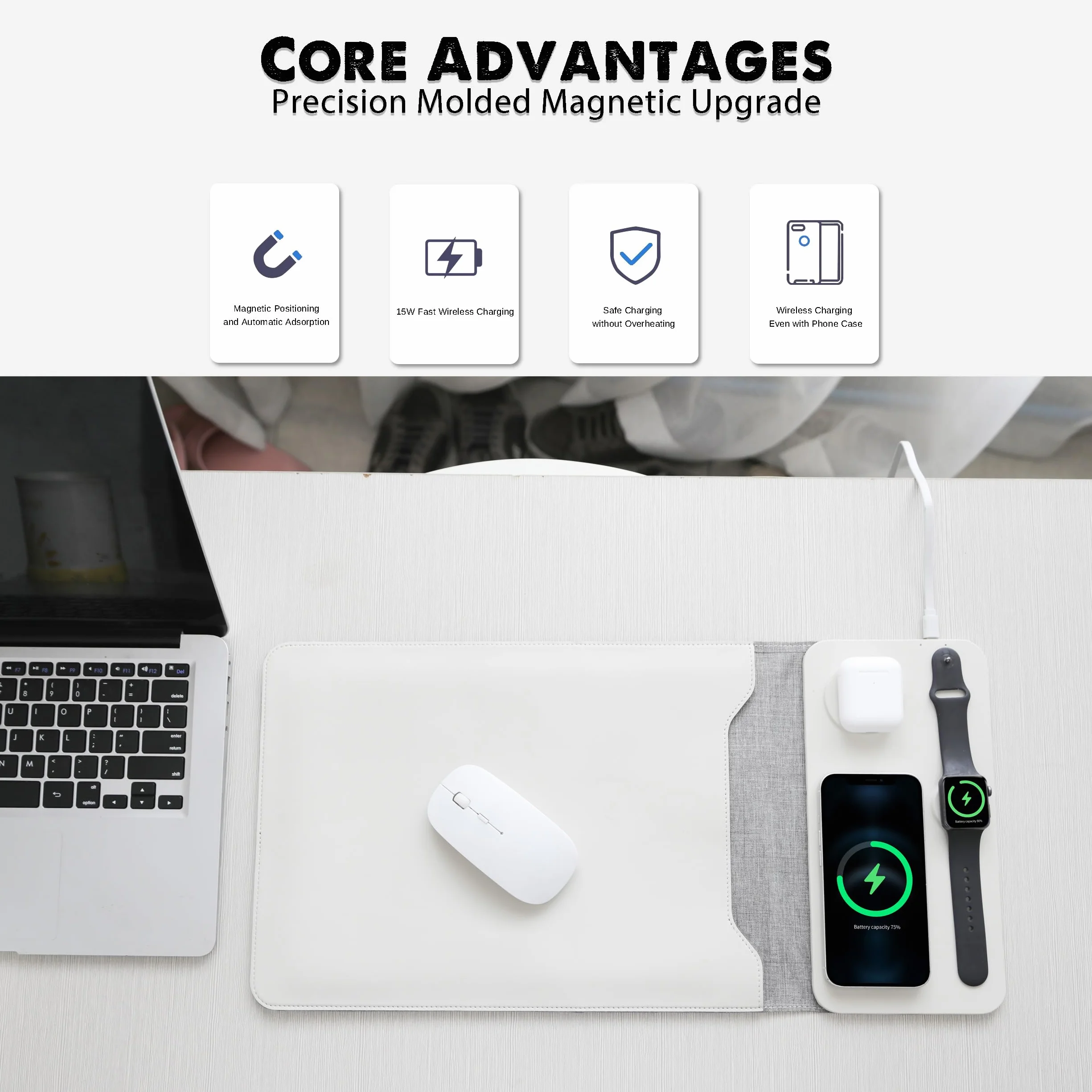 Custodia per computer portatile con ricarica wireless, custodia in pelle 5 in 1, tappetino per mouse e deskpad, ricarica rapida per telefoni, auricolari e orologi, caricabatterie wireless 3 in 1,