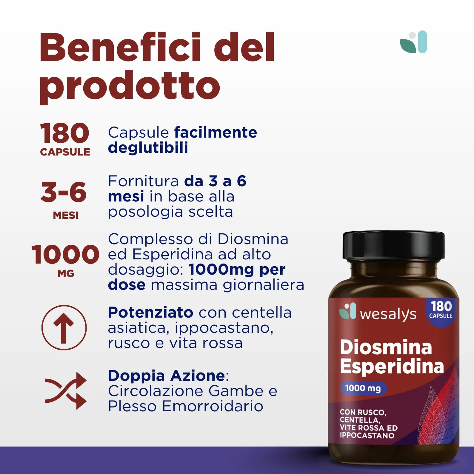 Diosmina Esperidina Alto Dosaggio 1000mg 180 Capsule Vegetali Integratore Vene Varicose Gambe Pesanti WESALYS