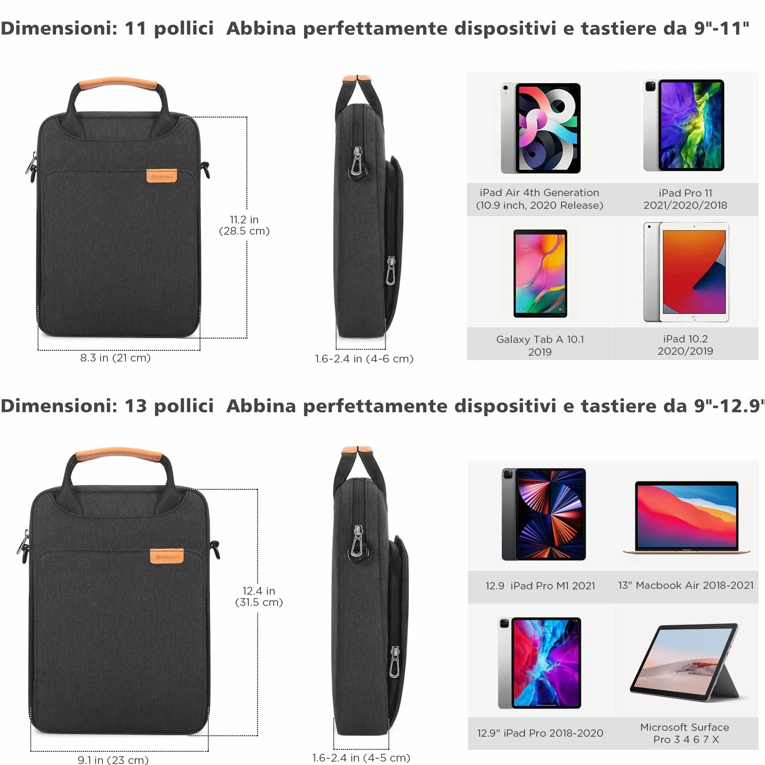 NIDOO 10-11 Pollici Tablet Custodia Protettiva Borsa a Tracolla PC Portatile con Manico per 10" iPad/10.5" 11" iPad Pro M1/10.5" 10.9" iPad Air/10.5" Surface Go 2 3/10.8" Surface 3, Grigio Scuro