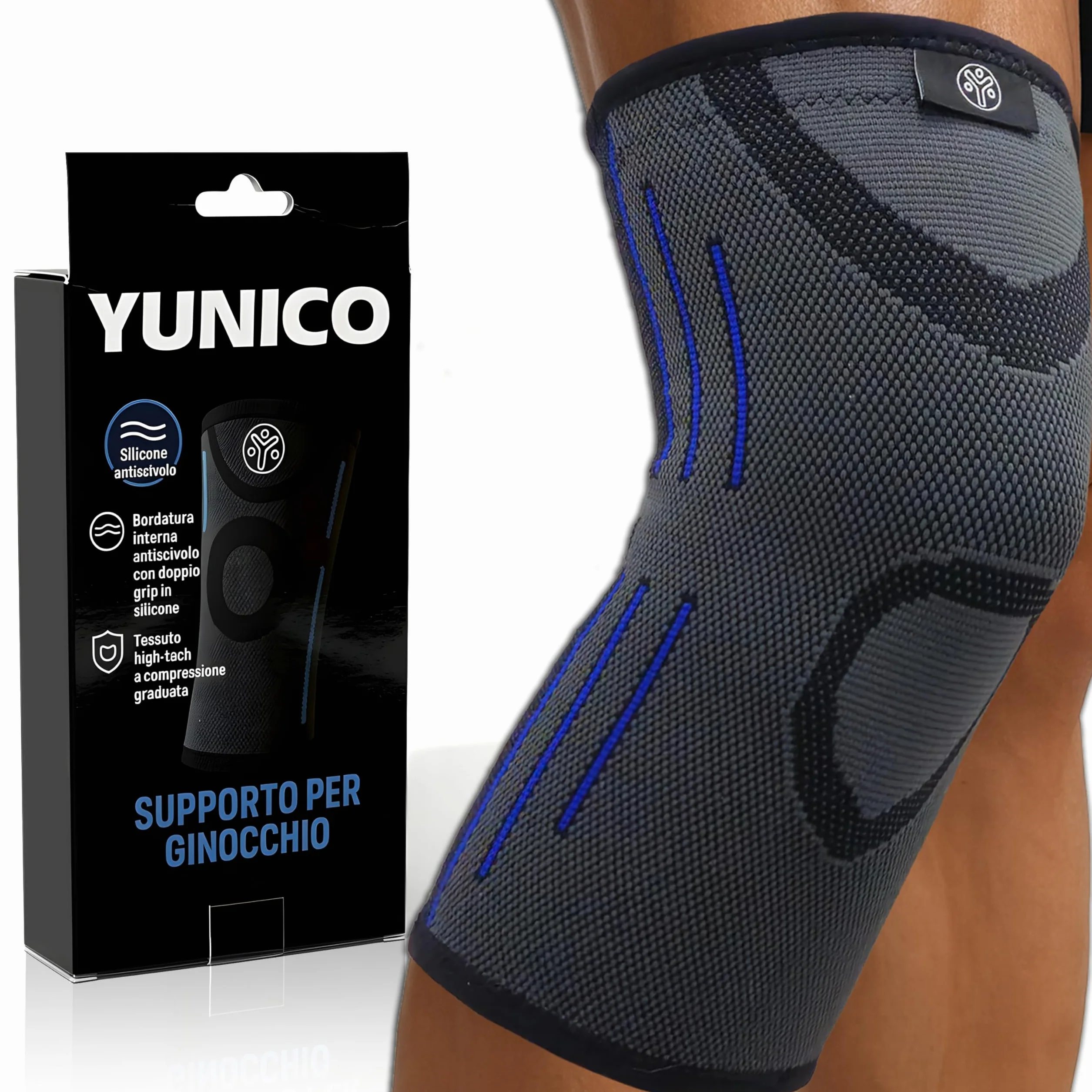 Ginocchiera Compressione Sportiva Uomo Donna con Doppia Fascia Silicone - Tutore Ginocchio Elastico per Corsa, Running, Palestra (S)