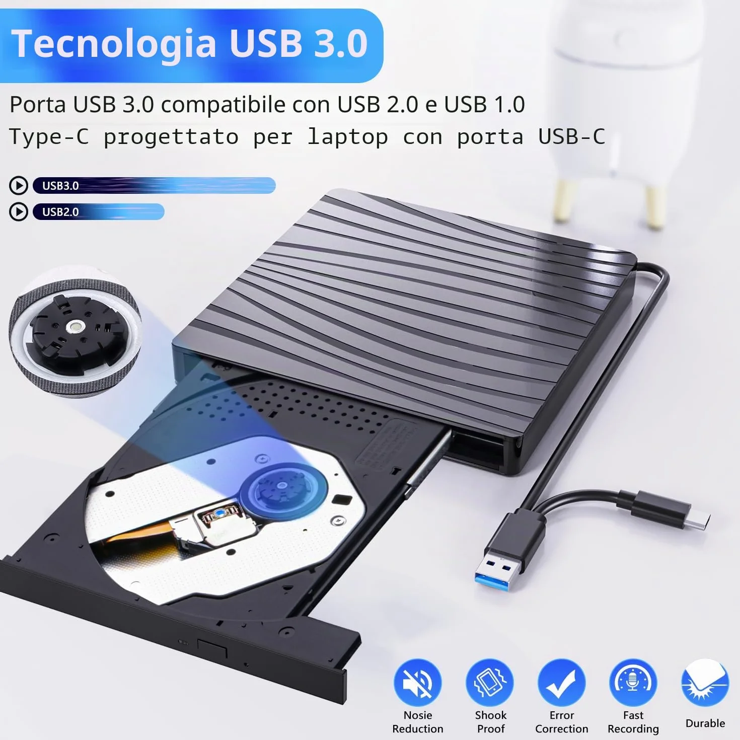 Lettore DVD Esterno per PC Portatile USB 3.0, Slim USB C CD RW Masterizzatore Esterno per Laptop, Desktop, Macbook Air/Pro, Compatibile con Windows 11/10/XP/8/7/Vista/Linux/MacOS