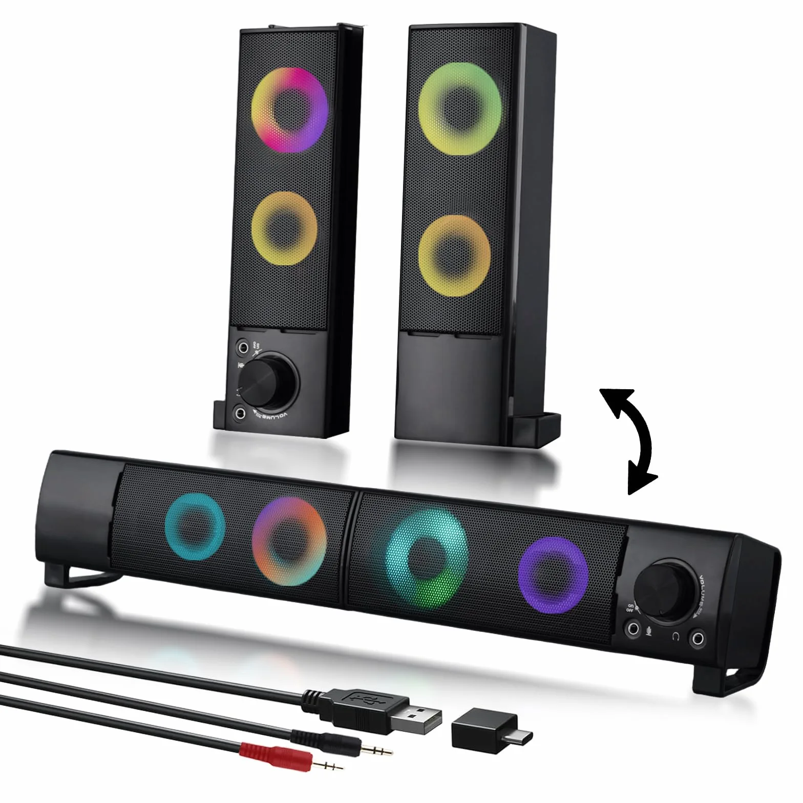 Altoparlanti per computer cablati progettati per dispositivi desktop USB Plug-and-Play suono chiaro con illuminazione RGB Caratteristiche manopola del volume Altoparlanti da gioco ideali per