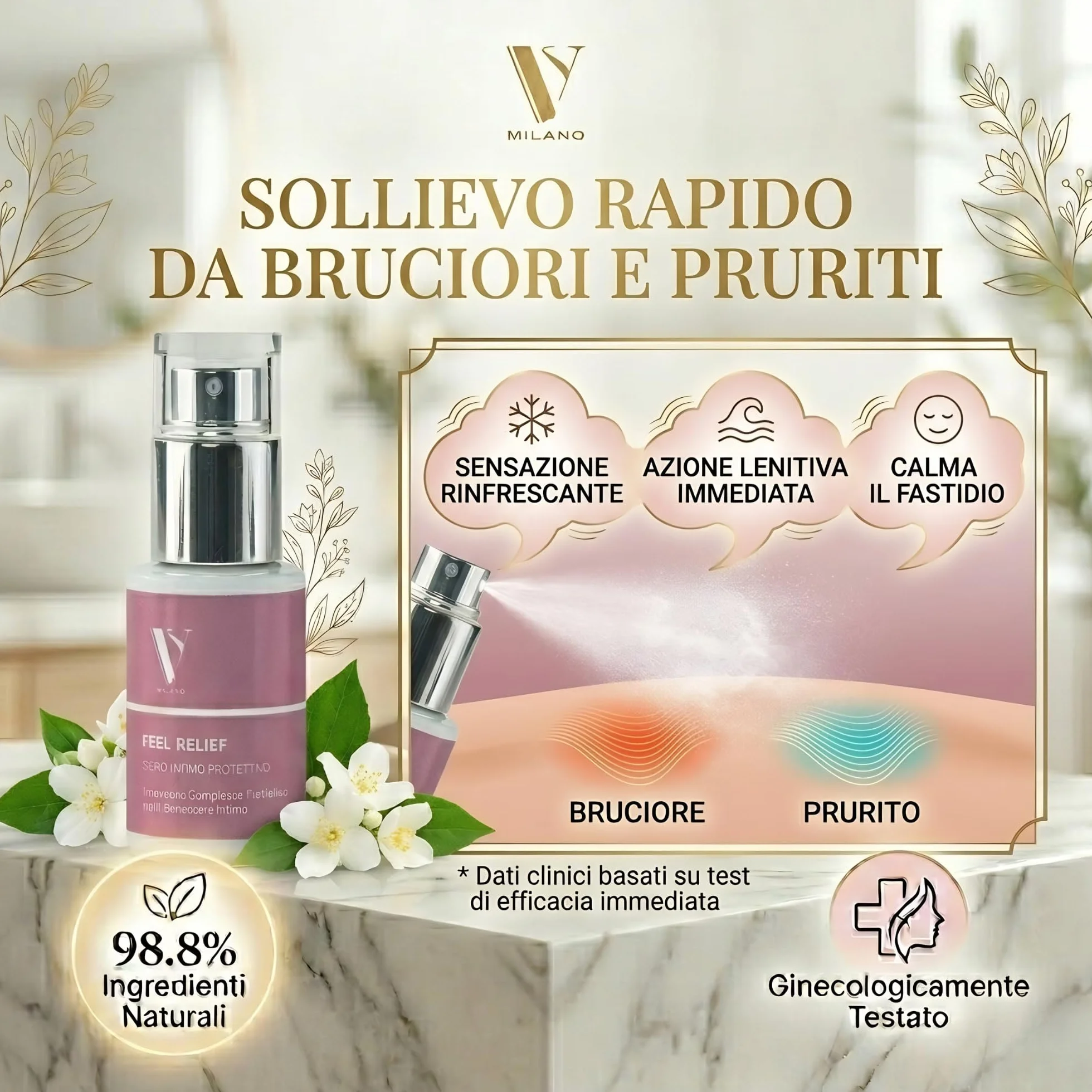 FEEL RELIEF Spray Intimo Prebiotico 15ml - Siero Riequilibrante Microbiota e pH - Antimicrobico Candida Cistite - 98,8% Naturale