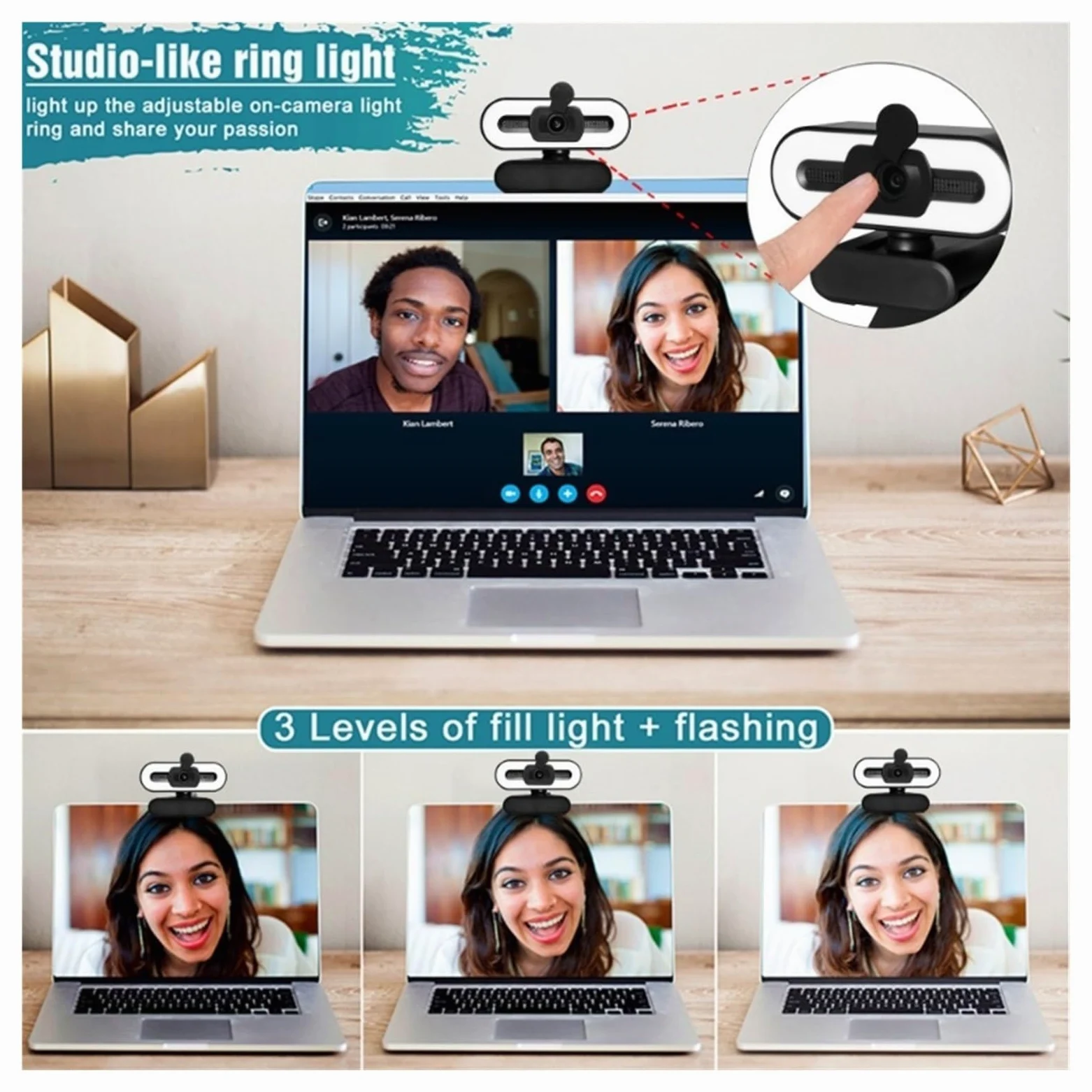 Webcam 1080P 4K Full HD con Luce di riempimento ad Anello Laptop PC Computer Trasmissione in Diretta Video Web Cam con Microfono Telecamere rotanti(4K with Holder)
