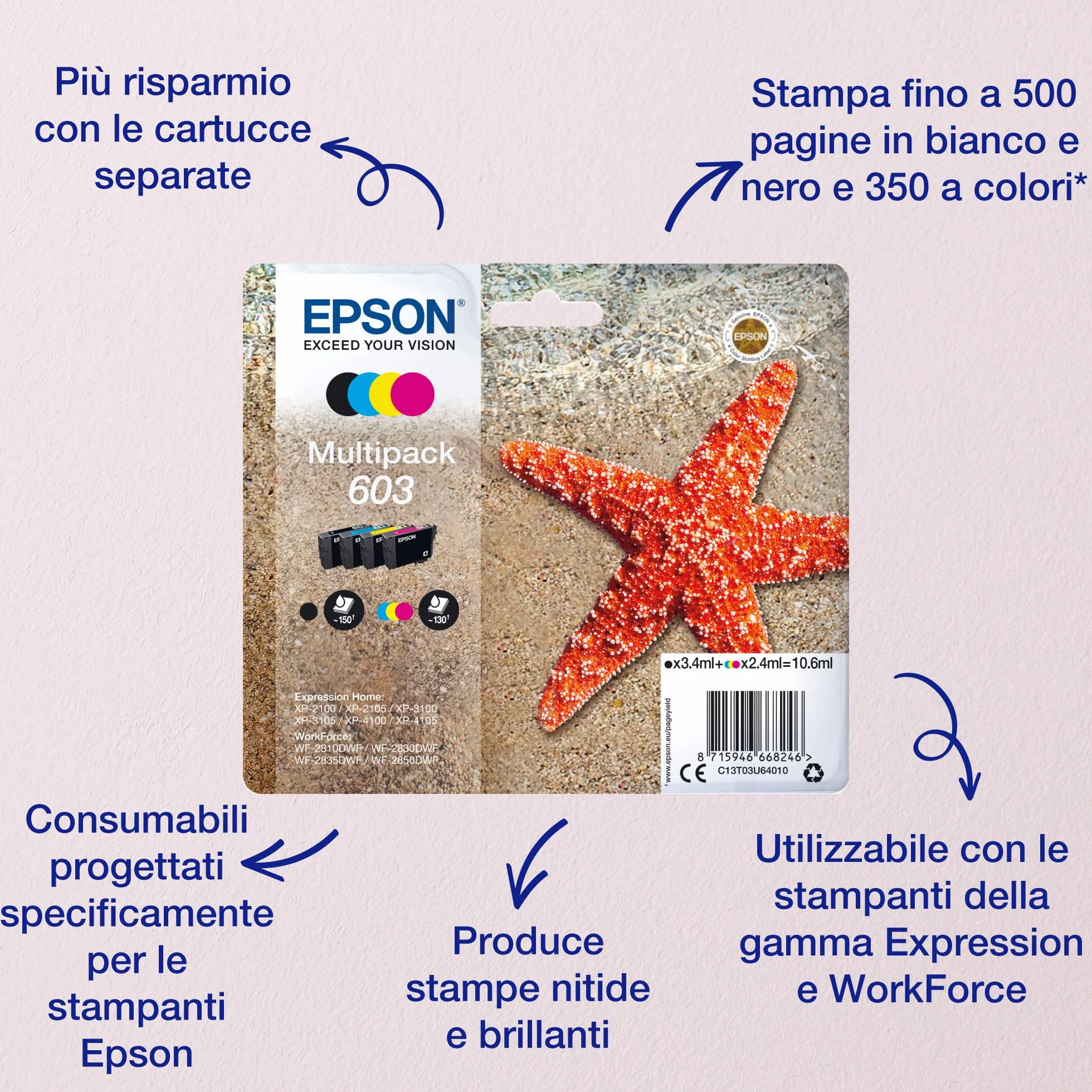 Epson Serie 603 Stella Marina Cartucce originali Stampante getto d'Inchiostro Multipack 4 colori Nero Ciano Magenta Giallo