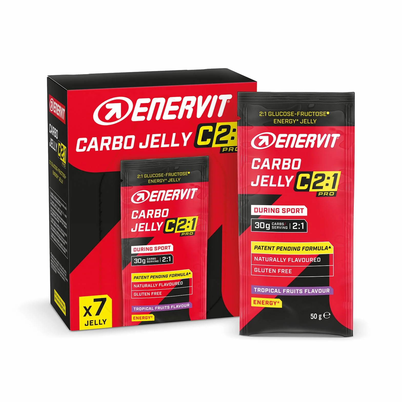 Enervit Carbo Jelly C2:1PRO Gel energetyczny 30g węglowodanów Tropicale Bezglutenowy Wegański 7 sztuk