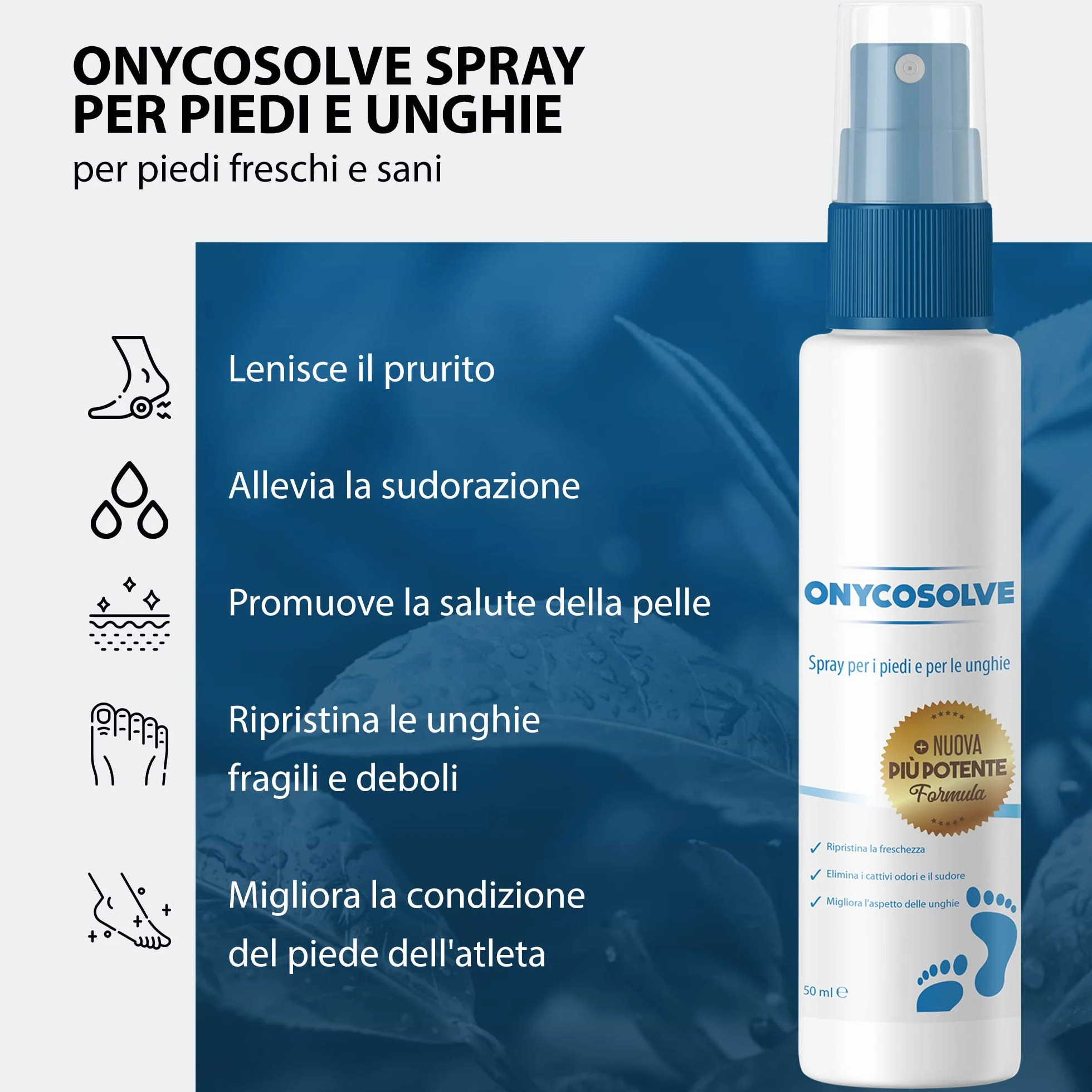 Spray per Piede d'Atleta Deodorante Scarpe Cattivi Odori Piedi Unghie Forti Pelle Sana Sudorazione Eccessiva Prurito 50 ml