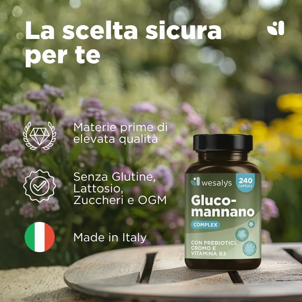 Wesalys Glucomannano Forte 4.200 mg 240 Capsule Integratore Ad Alto Dosaggio con Cromo Vitamina B3 Prebiotici