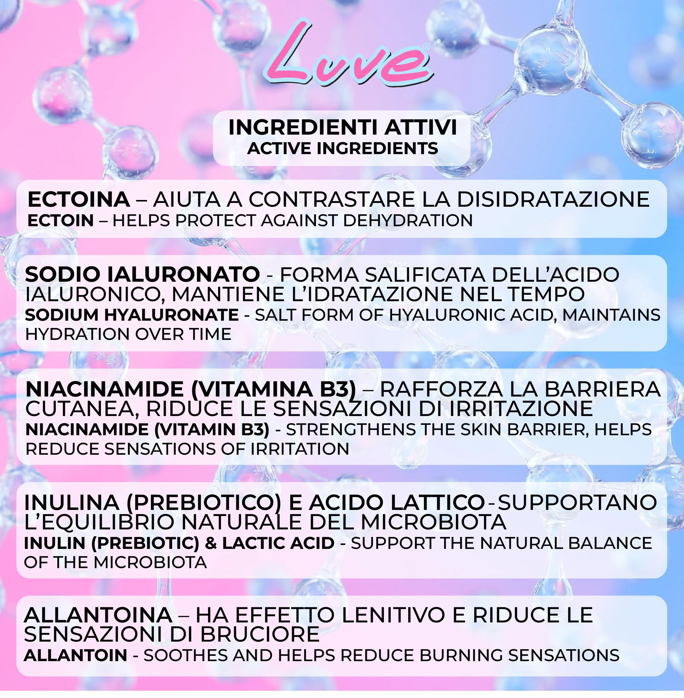 Luve Lubrificante Intimo a Base d'Acqua 35ml Ipoallergenico pH 4.5 Acido Ialuronico Niacinamide Ectoina Nickel Tested Vegan Made in Italy