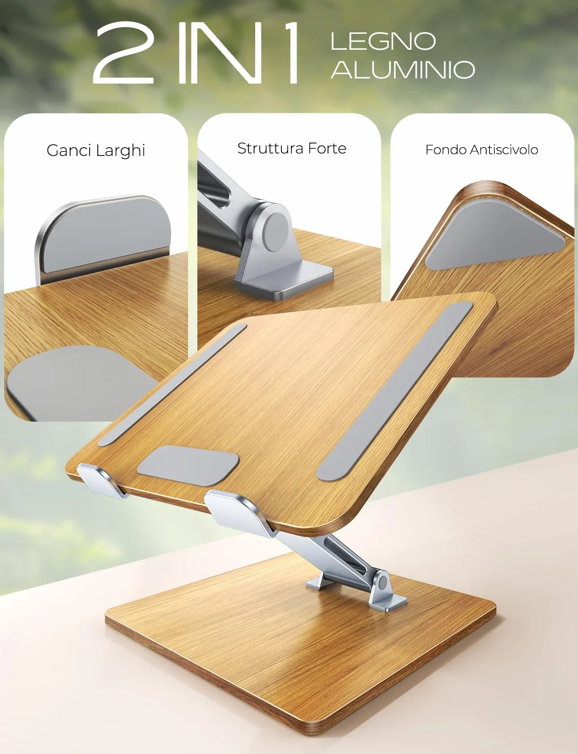 CIRYCASE Supporto PC Portatile Legno/Alluminio, Ergonomico Scrivania Supporto Laptop Stand Regolabile in Altezza, Rialzo PC Portatile Pieghevole, Laptop Stand B27 dvd per MacBook/HP 10-16" Notebook