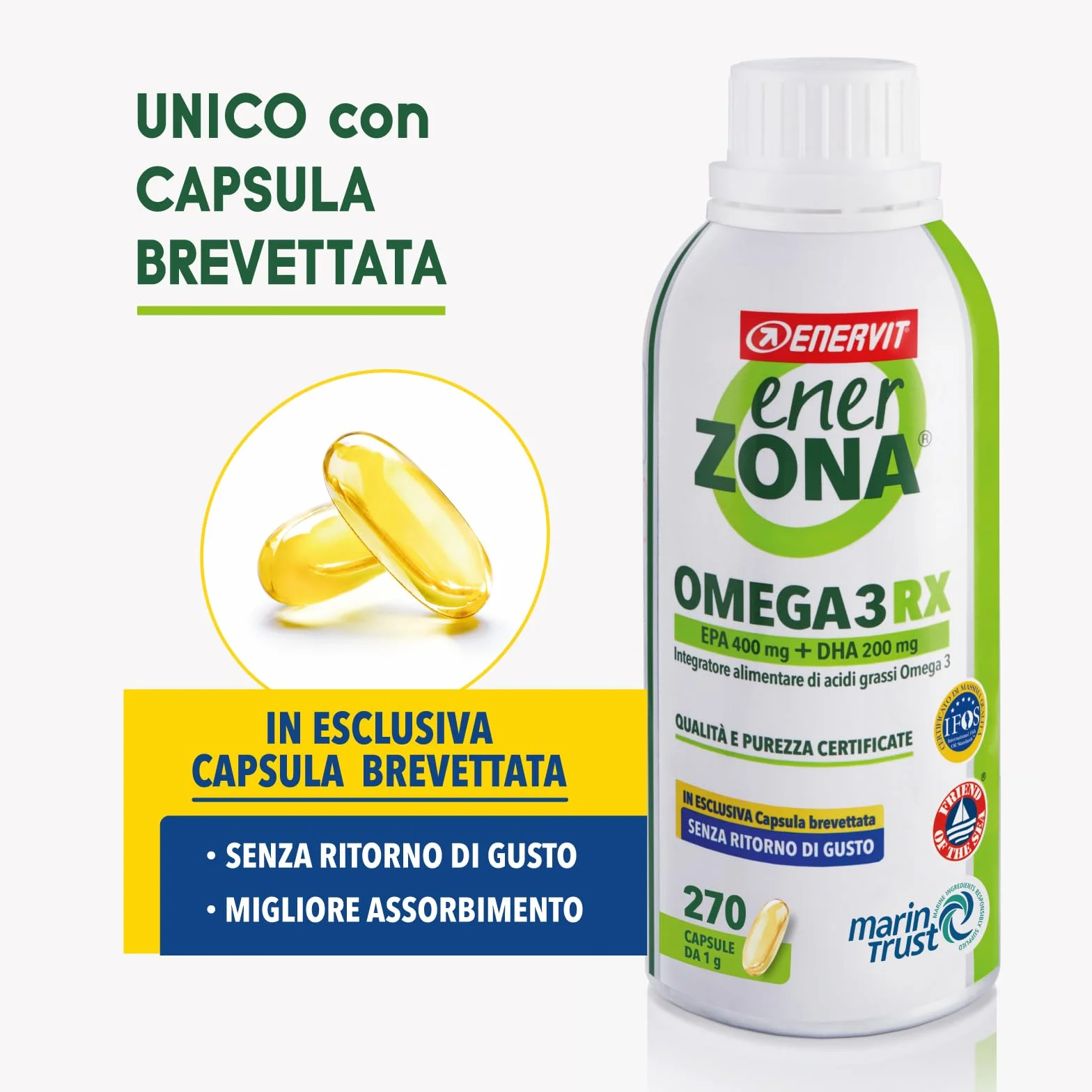 Enervit Enerzona Omega 3 RX 270 Capsule 1g Integratore IFOS Acidi Grassi Cuore Vista Cervello Olio di Pesce 1000mg Senza Glutine