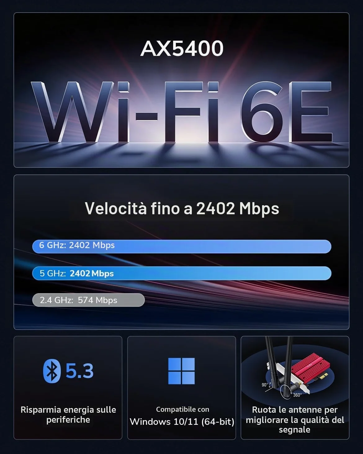 Cudy AX3000 WiFi 6 Adattatore PCIe, Bluetooth 5.0 PCIe Card, 2402Mbps + 574Mbps WiFi 6 velocità, OFDMA, 802.11ax/AC/a/b/g/n, Bluetooth 5.0/4.2/4.0, Solo Sistema Windows 10 64-Bit, WE3000S | Dongle PCI-Express WiFi 6E BT 5.3, 2402 574 Mbps, 6 GHz, dissipat