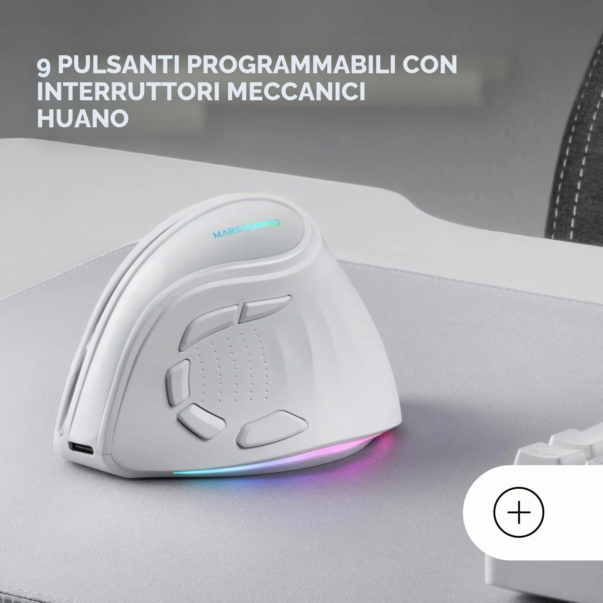 Mars Gaming MM-SK, Mouse Gaming Wireless Verticale, Design Ergonomico, Illuminazione RGB Chroma, Sensore Ottico Pixart 8400DPI, Switch Meccanici Huano, 9 Pulsanti Programmabili, Mouse Tri-Mode, Bianco