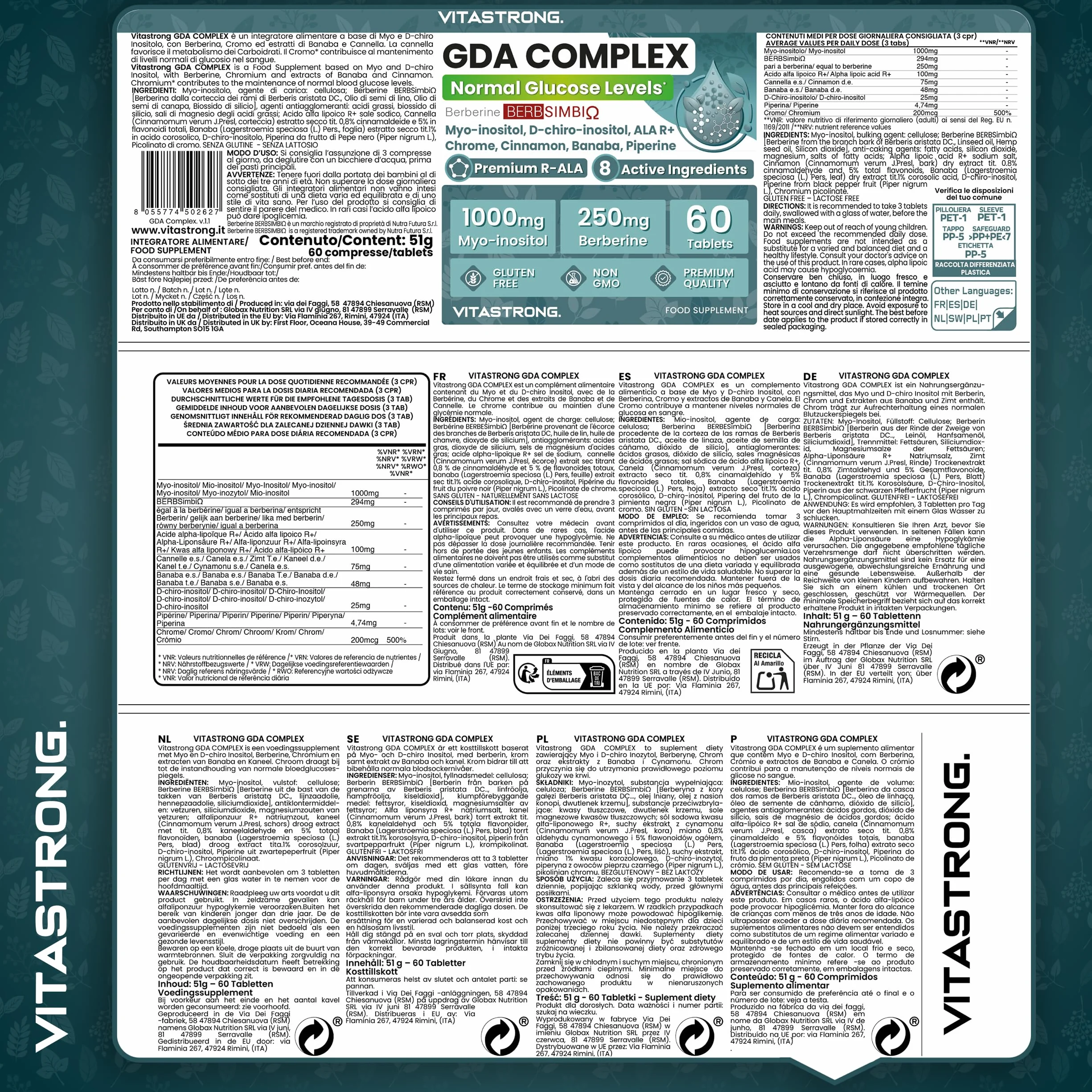 Vitastrong GDA Complex 100% Vegan Berberina 250mg Myo-Inositolo 1000mg Acido Alfa Lipoico Cromo