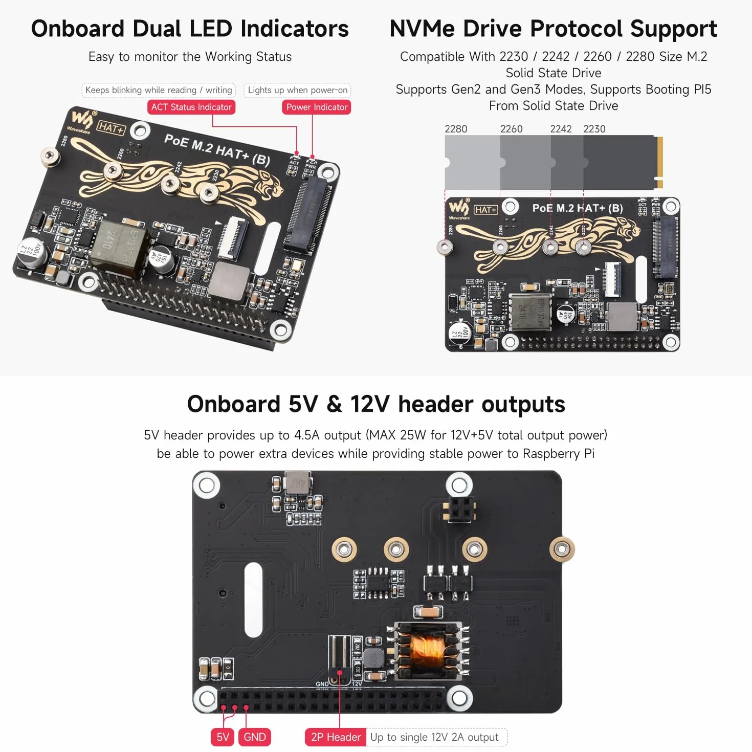 Waveshare PCIe to M.2 Adapter with PoE Function HAT+ (B), Compatible with Raspberry Pi 5, Supports POE NVMe Drive Protocol 2230/2242 / 2260/2280 M.2 Solid State Drive, High-Speed Reading/Writing
