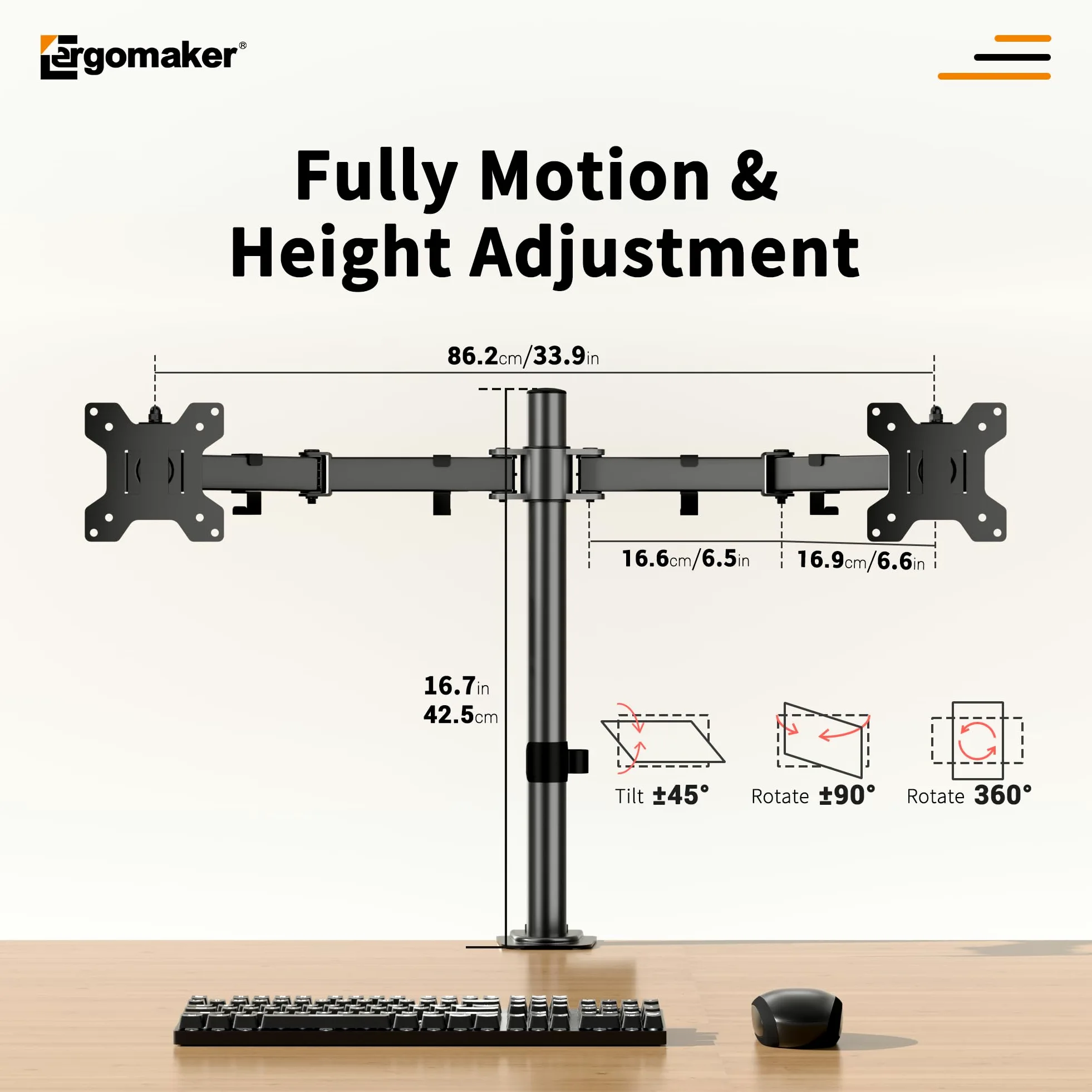 ERGOMAKER Supporto per doppio monitor per scrivanie, braccio per doppio monitor regolabile a movimento completo adatto a schermi LCD da 13" a 27".