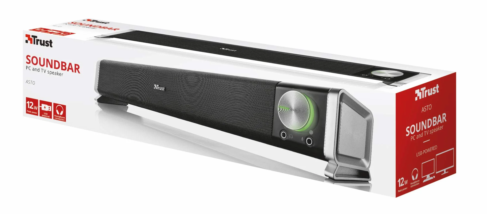Trust Asto Soundbar PC 12 W Jack 3.5 mm Alimentazione USB Barra Audio Compatta Altoparlanti per Computer Nero