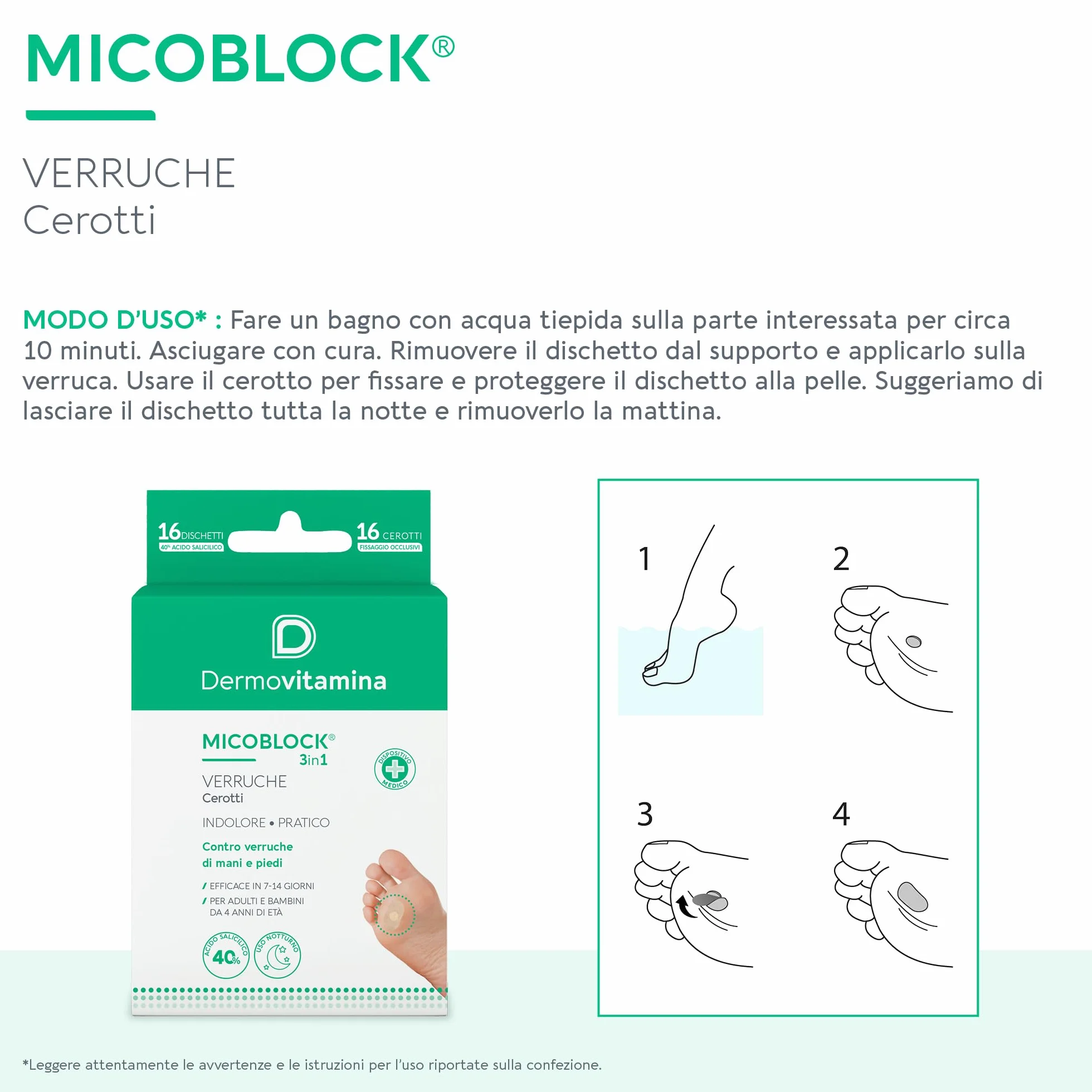 Dermovitamina Micoblock 3in1 Cerotti Verruche Acido Salicilico Mani e Piedi Confezione 16+16