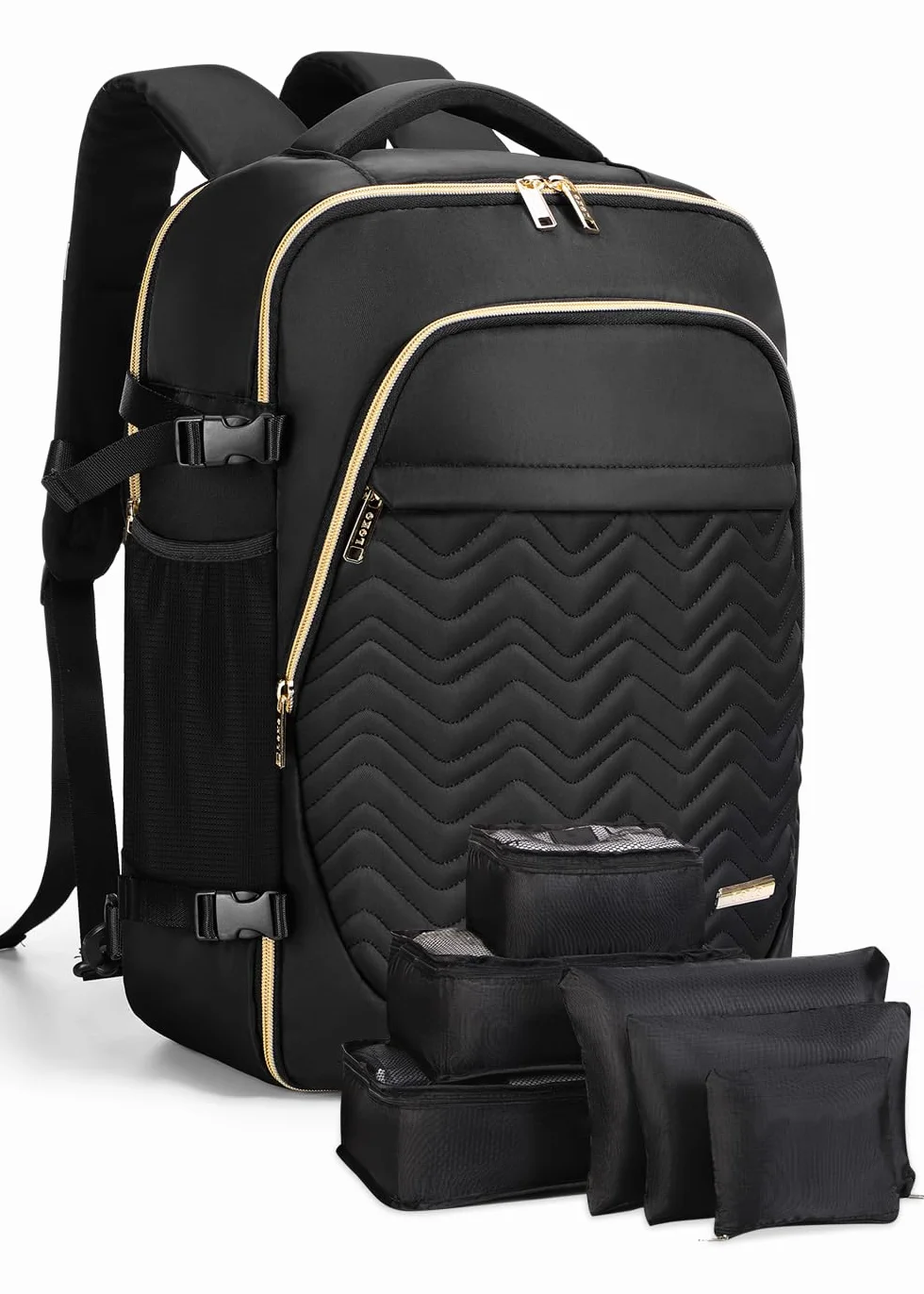 Zaino da Viaggio Grande Zaino Bagaglio a Mano, Zaino da Viaggio Aereo Bagaglio a Mano con Organizer Valigie 6 Pezzi Set, Borse da Cabina per Easyjet 45x36x20, Nero
