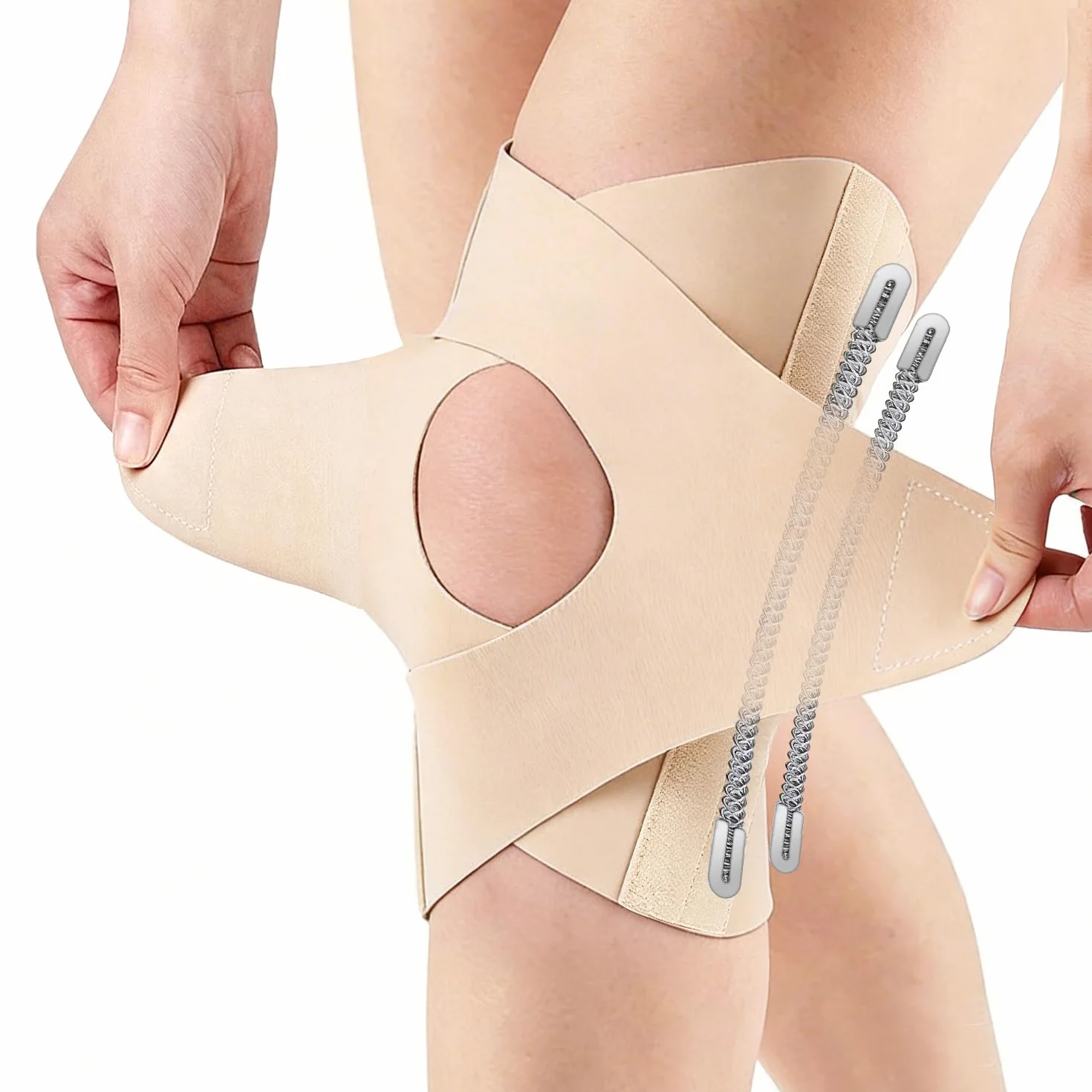 Tutore Ginocchio con Stabilizzatori Elastiche Laterali, Ginocchiera Sportiva Uomo Donna per Sollievo Dolore Legamenti Rotula Menisco Artrite Corsa Pallavolo (Beige, M)