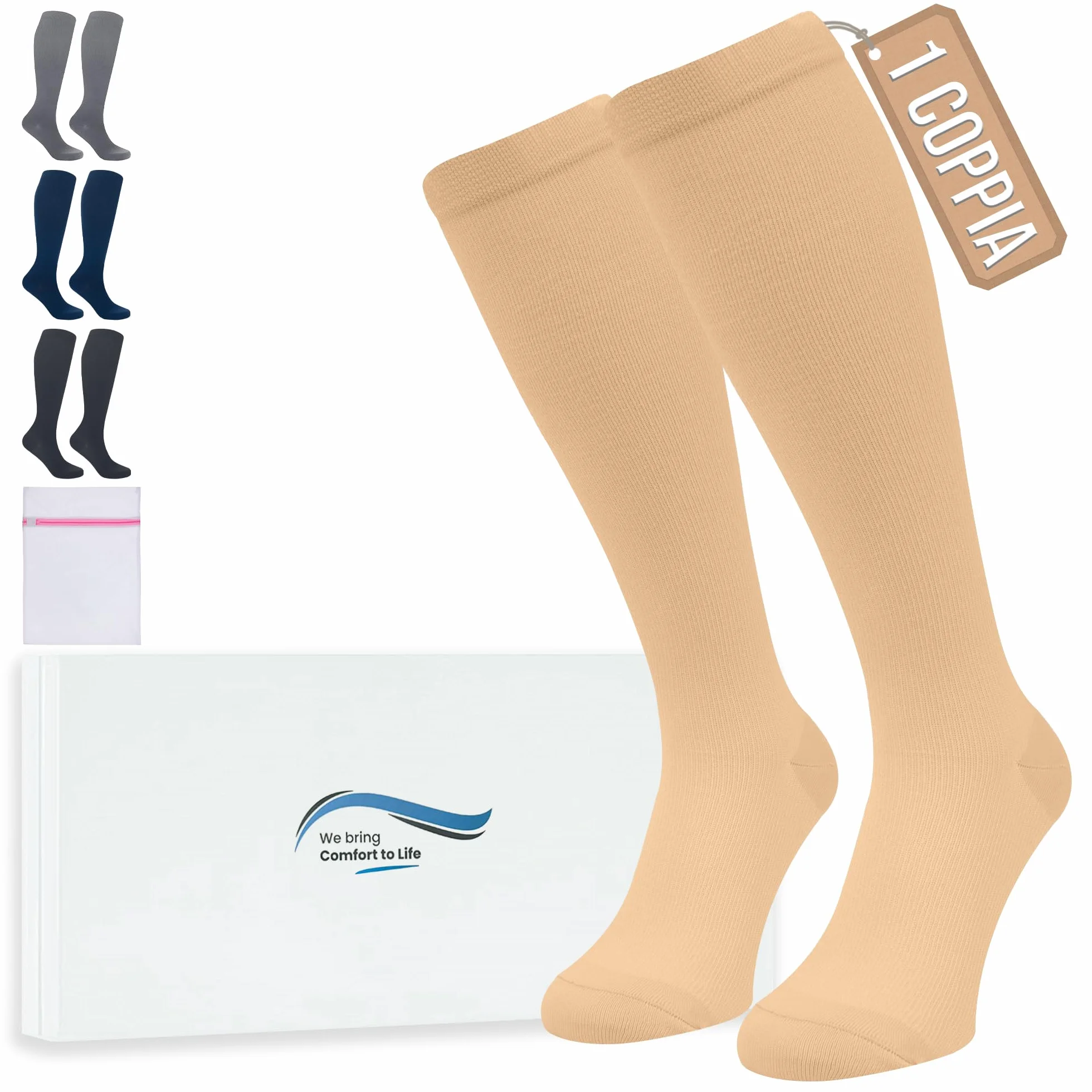 Calze Compressione Graduata Donna Uomo 1 Coppia XXL Beige con Borsa Lavanderia