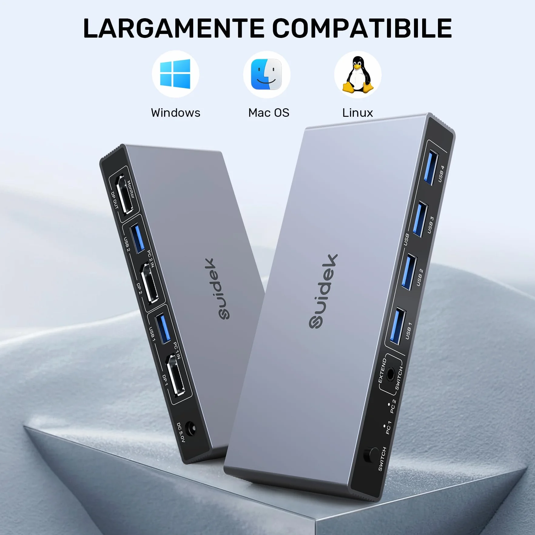 SUIDEK KVM Switch Displayport 1 Monitor 2 Computer, switch KVM DP 8K@60Hz 2 in 1 Out Commutatore KVM USB 3.0 con 4 porte USB, include controller da tavolo, 2 cavi USB e adattatore di alimentazione