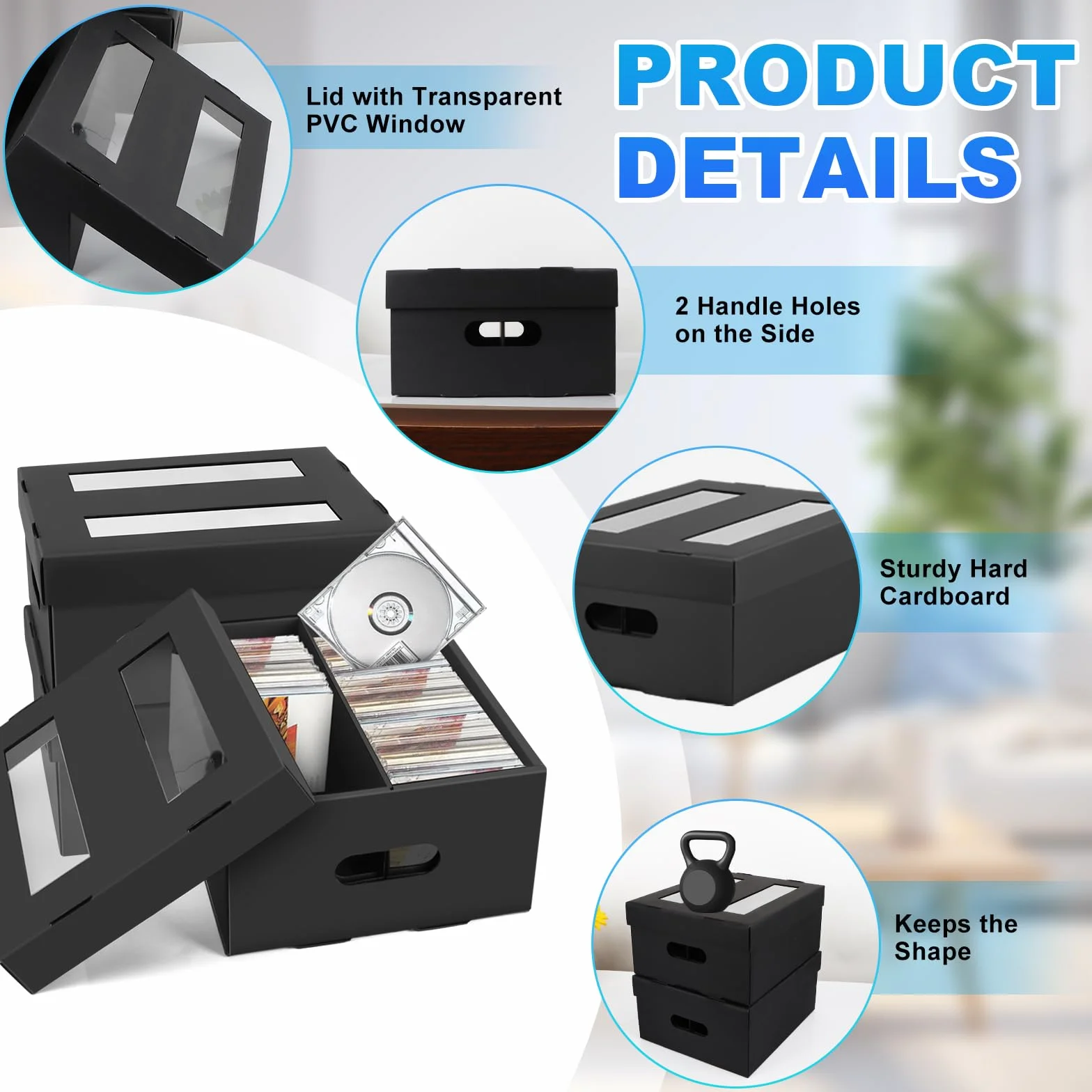 AOBOPLE Set di 3 scatole di immagazzinaggio CD a 2 scomparti con lucernario trasparente, archiviazione DVD può contenere 990 CD tascabili/360 custodie sottili/180 custodie Jewel