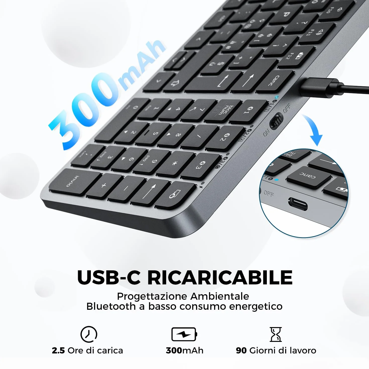 iClever Tastiera Bluetooth Wireless Ricaricabile Compatta Multi-Dispositivo USB-C Silenziosa Compatibile Mac iPad Tablet iMac Laptop