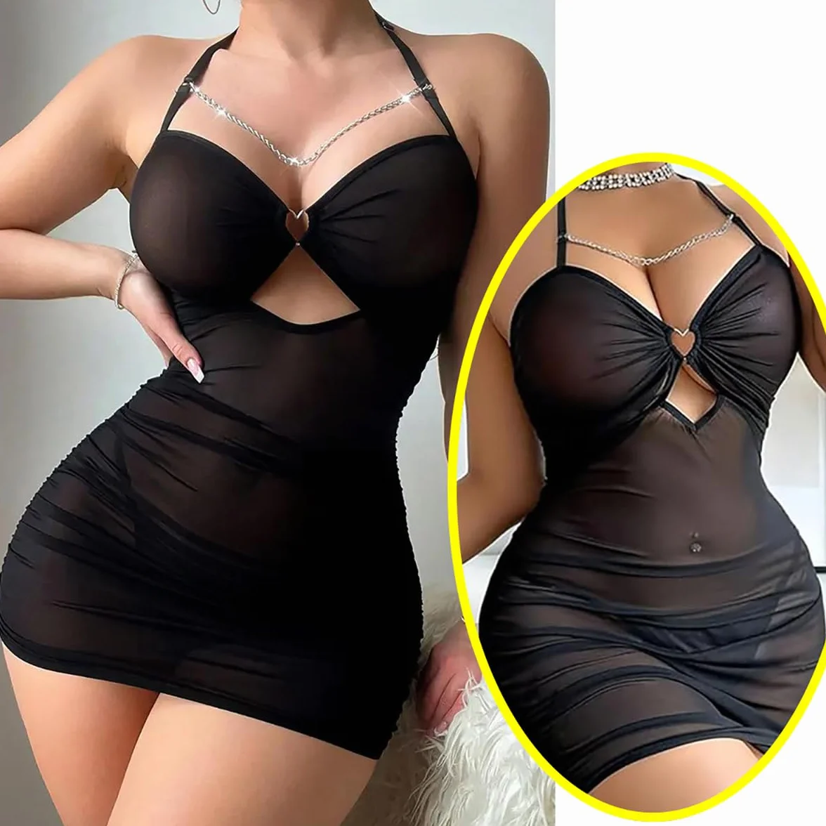 Mini abito in rete trasparente sexy da donna con fascia per il collo e cuore traforato