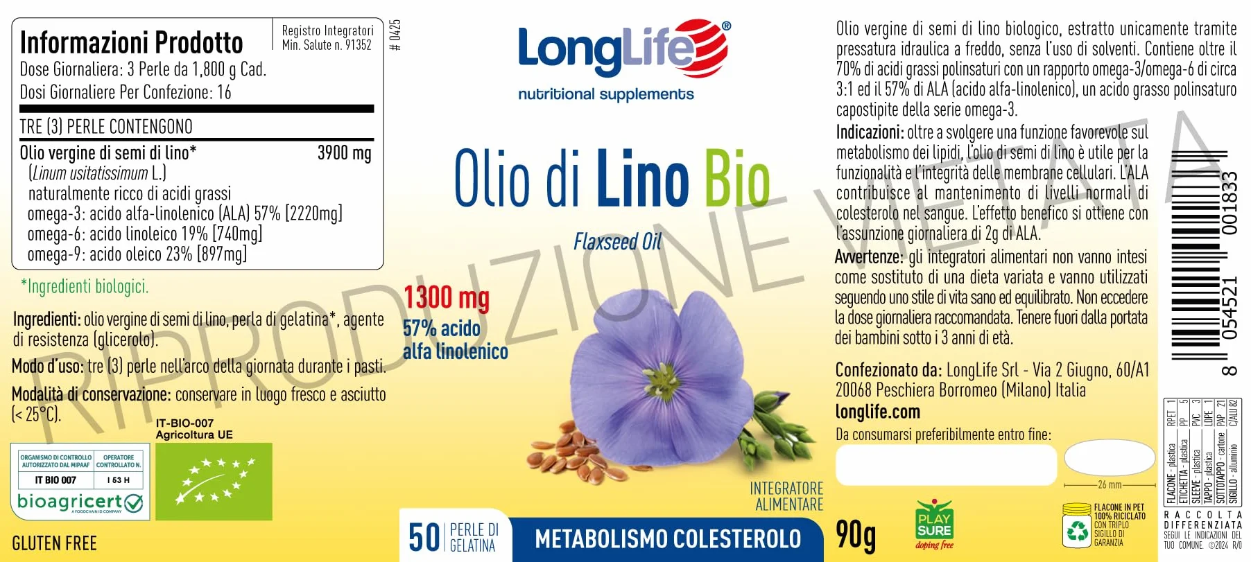 LongLife Olio di Lino Bio 57% acido alfa-linolenico 50 perle Supporto metabolismo lipidico Senza glutine