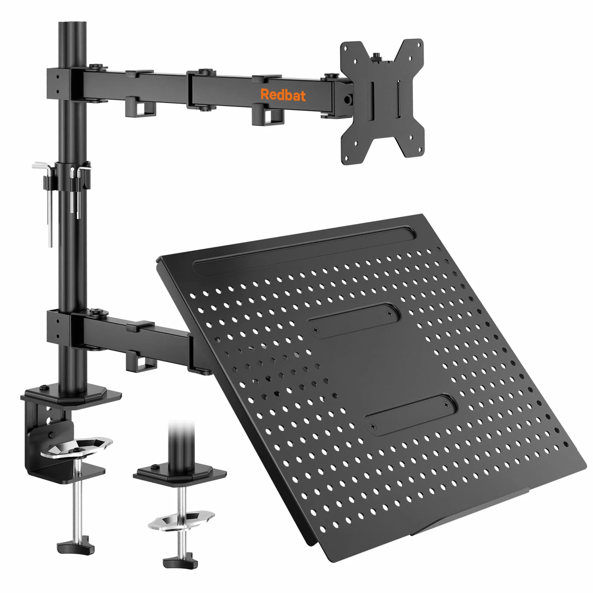 Redbat Supporto Monitor Braccio Display con Vassoio per Doppio Schermo Laptop (max 16'') e LED LCD da 13 a 32 Pollici (max 8 kg), Inclinazione, Rotazione, 2 Opzioni di Installazione