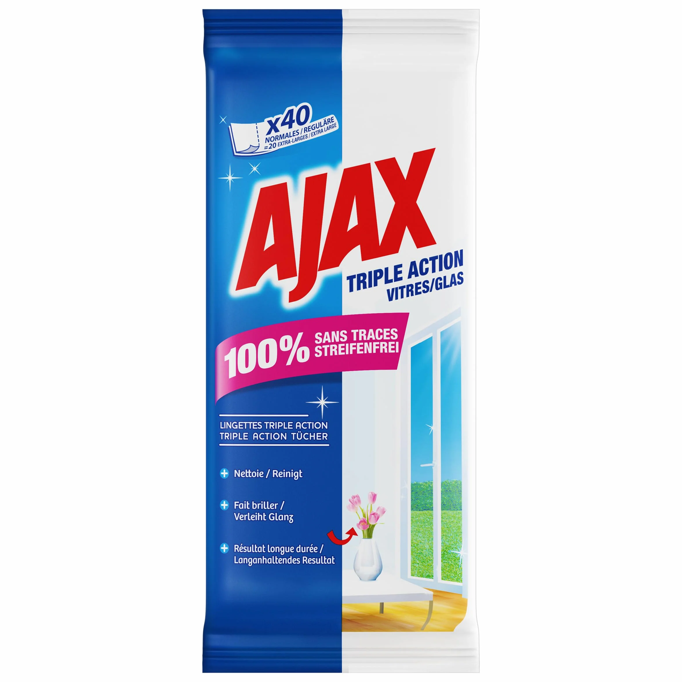 Ajax Triple Action Salviette per la pulizia delle finestre 40 pezzi