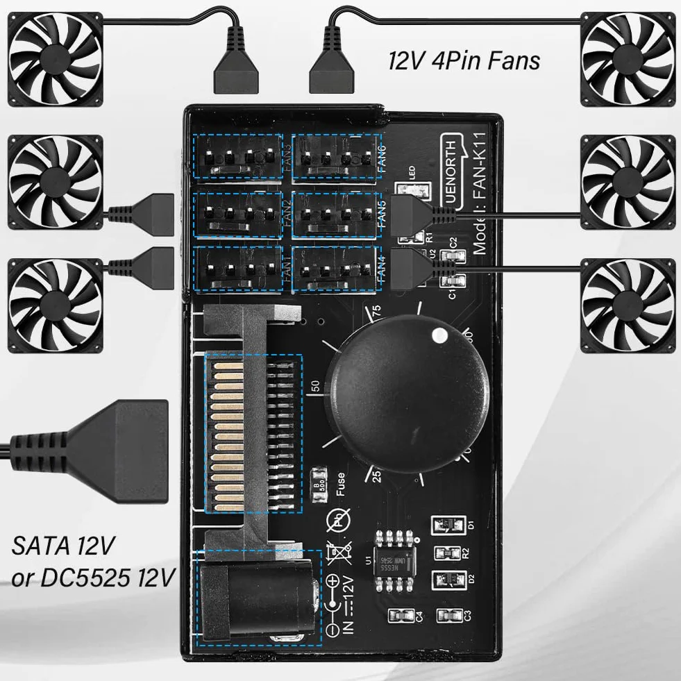 Controller ventola PWM Binghe 1 a 6 4 pin 12 V hub PC SATA DC 5525 controllo velocità supporta 6 ventole