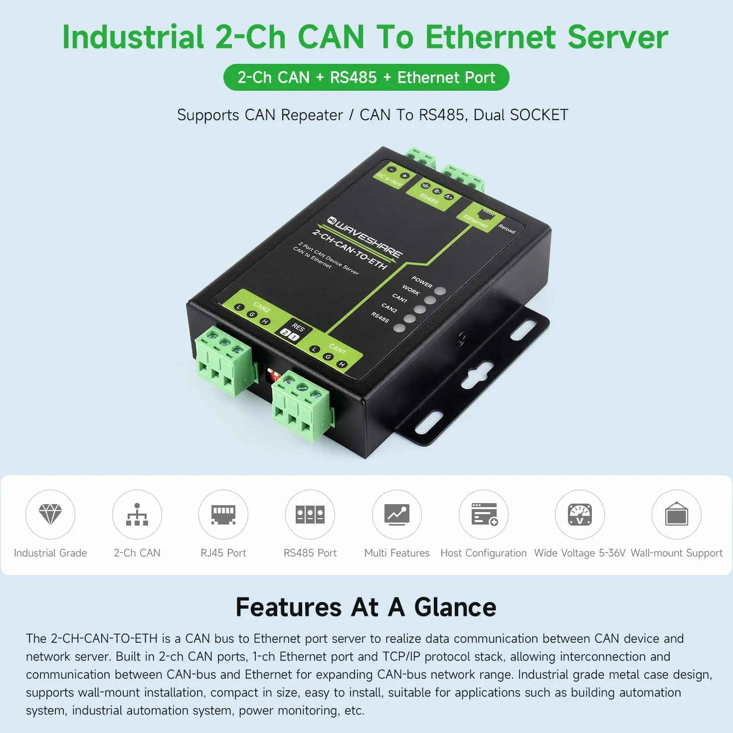 Waveshare Industrial Grade 2-Ch CAN to Ethernet Server, 2-Ch CAN + RS485 + Ethernet Port, Aluminium Alloy Case