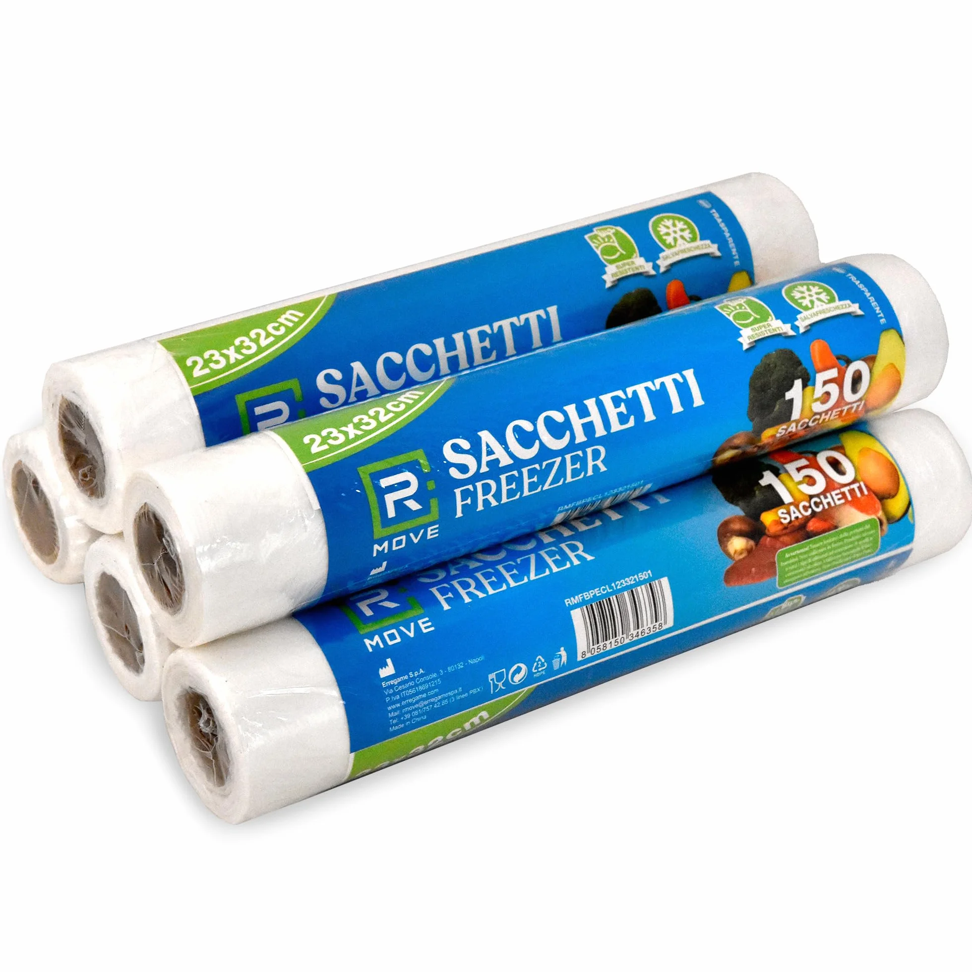 RMOVE 750 Sacchetti per Freezer X5 Pack, 5 rotoli da 150 sacchetti 23x32cm, Ermetici e Resistenti al Gelo
