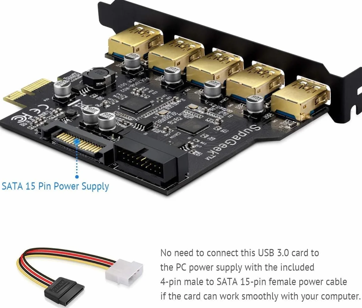 Scheda PCIE USB 3.0, 5 Porte a USB Scheda di Espansione Superspeed 5 Gbps con connettore di Alimentazione SATA a 15 Pin e interfaccia USB 3.0 a 19 Pin,Supporto Windows XP/Vista/7/8/10/ Linux