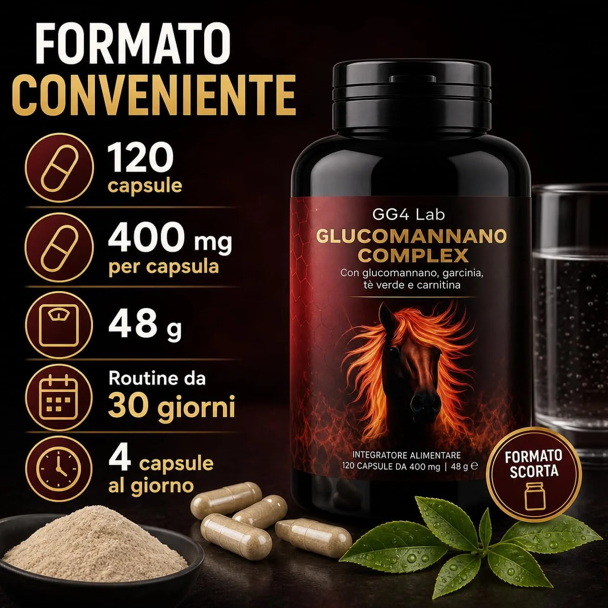 GG4Lab Glucomannano Konjac 1200mg 120 Capsule Fibra Saziante con L-Carnitina e Tè Verde Vegano Senza Glutine