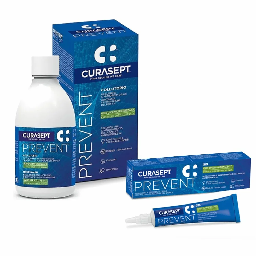 Curasept Prevent Kit Collutorio 300 ml + Gel 30 ml Protezione Gengive Impianti Postbiotici Olio d'Oliva Ozonizzato